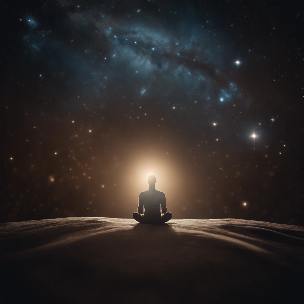Mystical man in the middle of the universe Astral body, deep meditation, Etéric atmosphere, Aurico