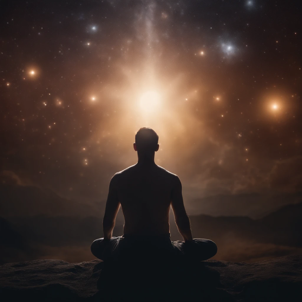 Mystical man in the middle of the universe Astral body, deep meditation, Etéric atmosphere, Aurico