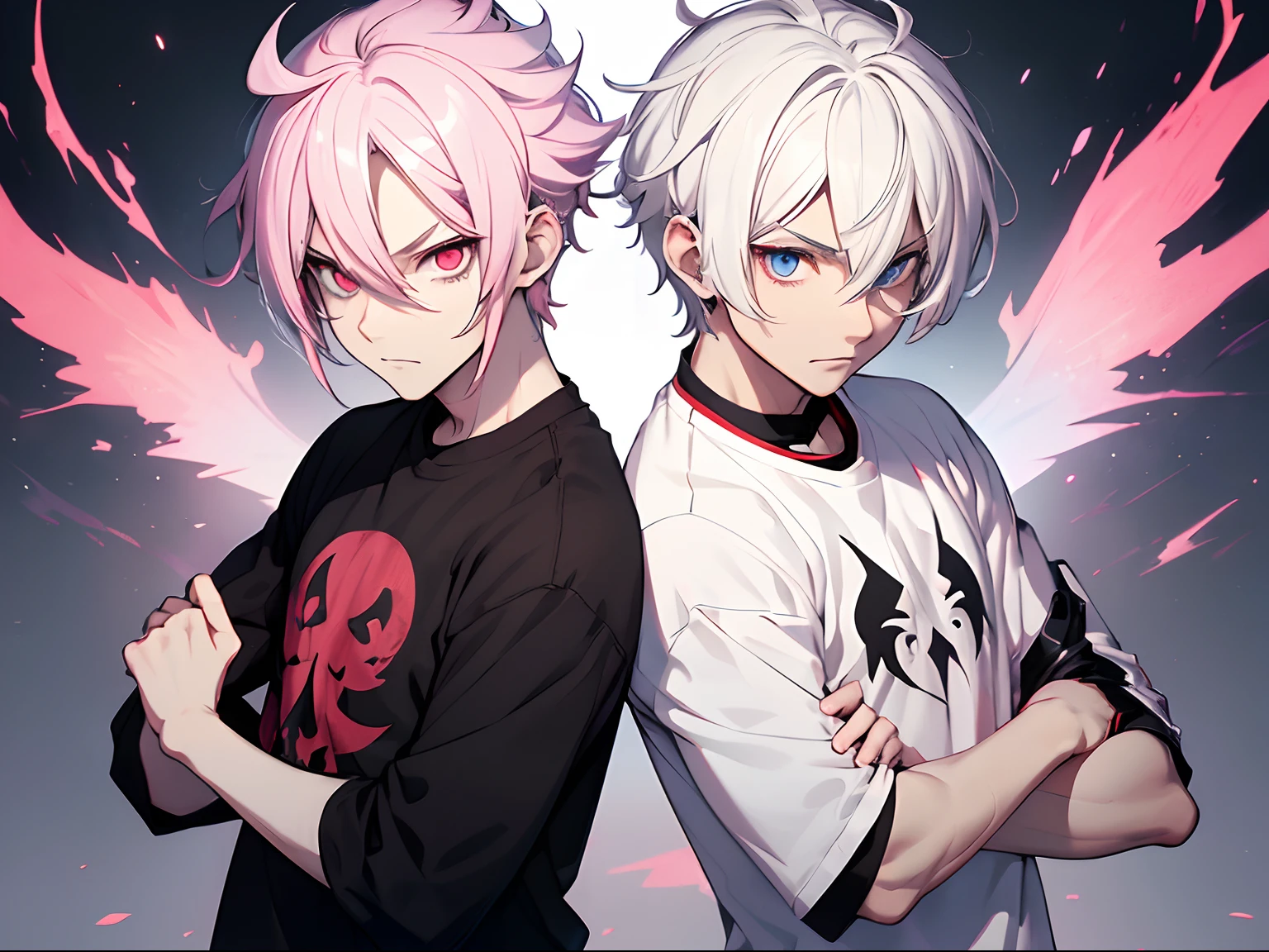 2 boys (white hair, red eyes, black T-Shirt, White pants, demonic) (pink hair, blue eyes, black T-Shirt, White pants, demon lord) hell, the strongest duo