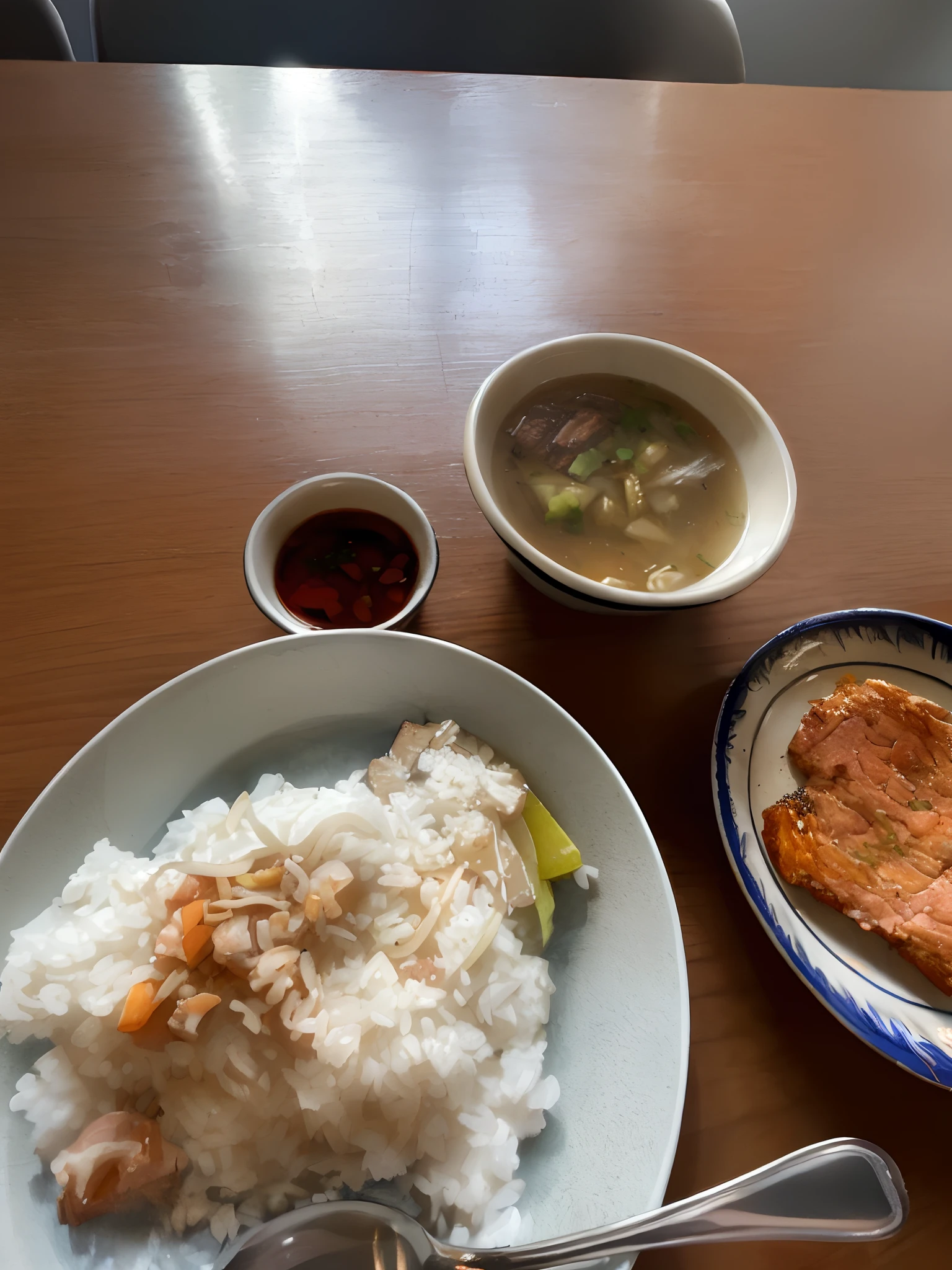 there is a plate of rice, meat and soup on the table, salmon khoshroo, in style of thawan duchanee, korean supper, in style of lam manh, daopao, closeup at the food, taken with sony alpha 9, taken with canon 8 0 d, inspired by Tan Ting-pho, soup, rice