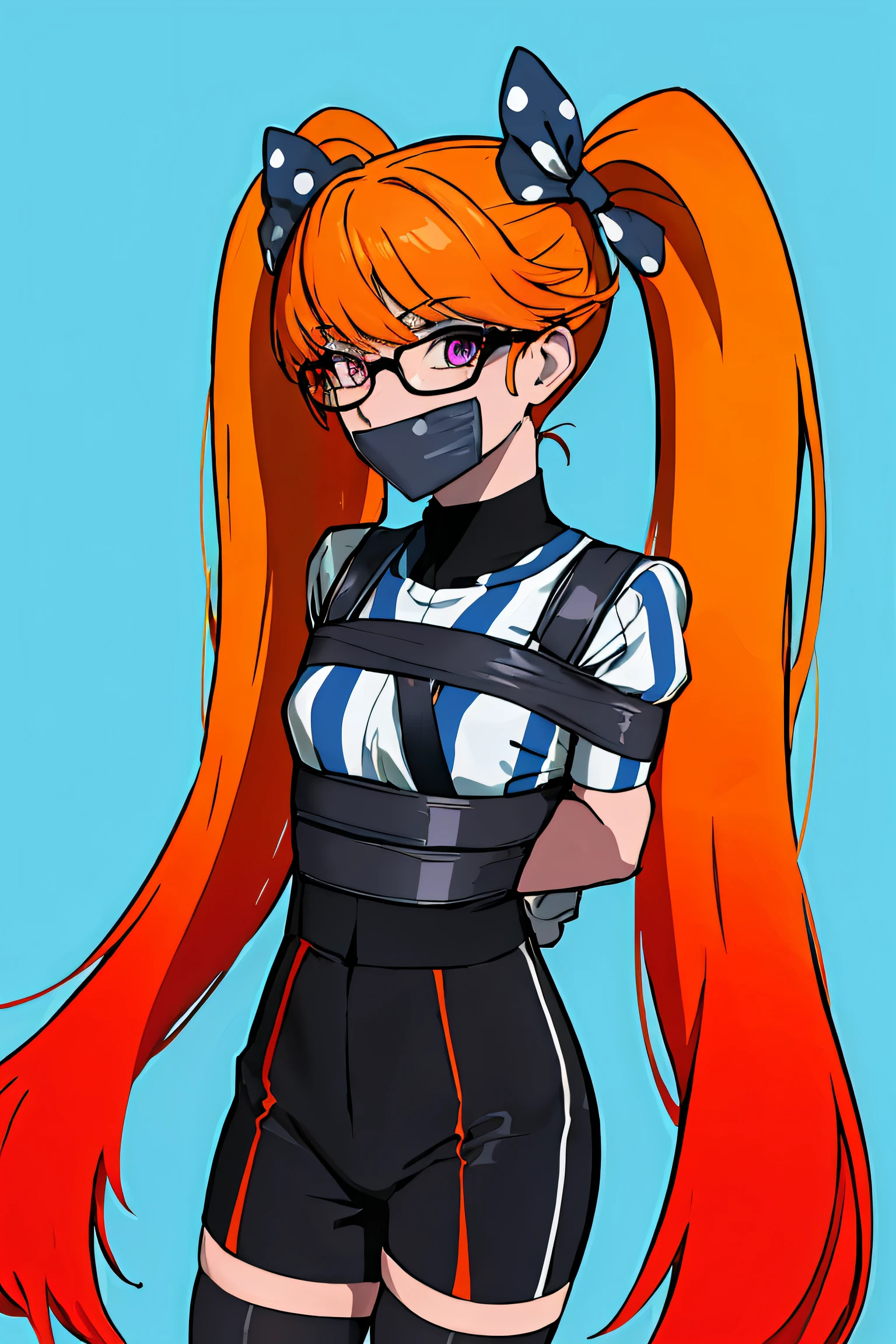 (absurdres, 8k, 4k, masterpiece, hyper extreme detailed:1.2), solo, 1girl, front view portrait, best quality, expressive eyes, perfect face, 1girl, portrait, titan, very long hair, twintails, polka dot bow, orange gradient hair, stockings, pale, adult, short, fun, happy, funny, comedic, smile, looking at viewer, dot pupils, gradient hair, blue gradient, purple gradient, orange gradient, smirk, floating, glasses, orange stockings with white stripes, adult, mature, petite, nighttime, graphic t-shirt, black shirt, exposed shoulder, standing, mature female, adult, half body,, bondage, gagged, gag, (arms behind back:1.4), bondage, tape gag, tape, duct tape, covered mouth, mouth covered, suspended, chest harness, tied_breasts, ropes, rope, tied, over_the_mouth_gag, otm, otn, over_the_nose_gag, standing by wooden pole, shibari, graphic t-shirt, crotch_rope, crotchrope,