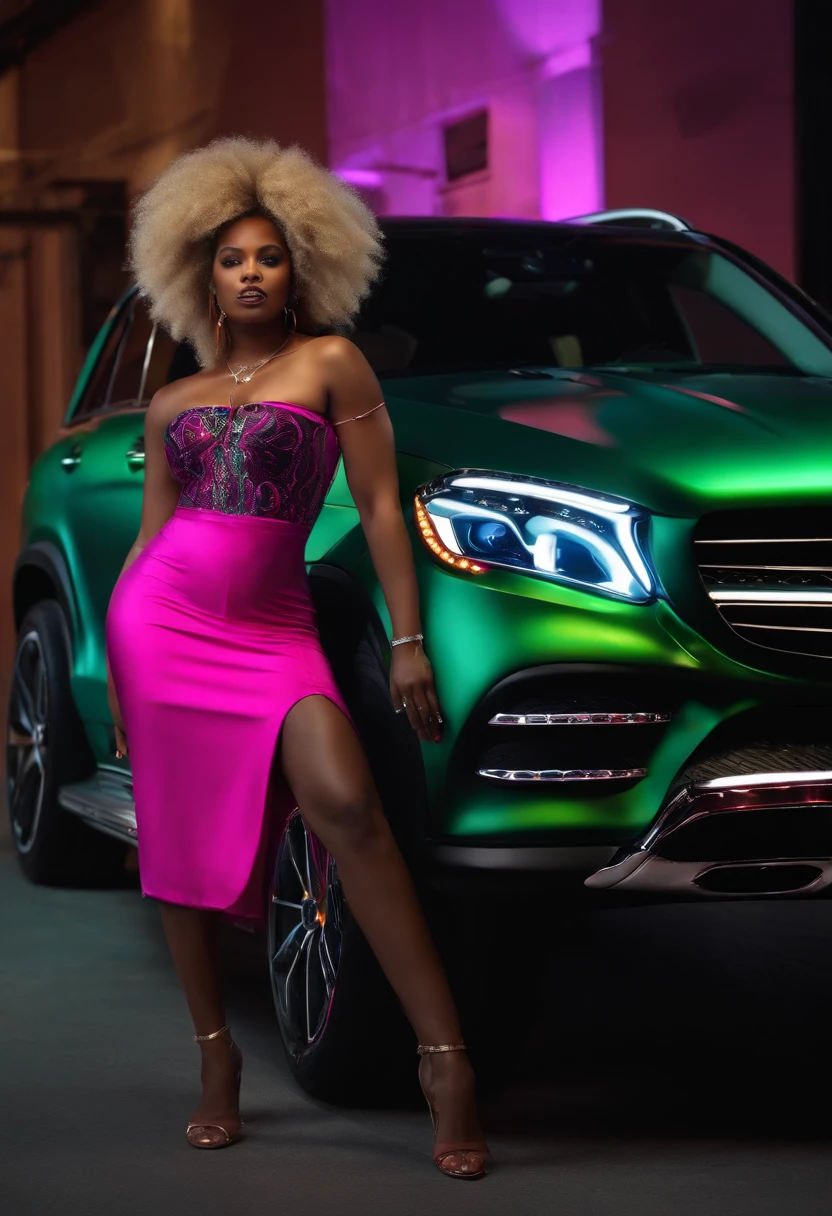 (Masterpiece - Detailed - Best Quality)
The image depicts a stunning thick black woman with long blonde curls posing next to a Mercedes SUV. Her body is adorned with vibrant neon tattoos that glow intensely with hypnotic colors.
The tattoos are luminous and radiant, as if lit from within by neon lighting. They glow in vivid hues of fuchsia, azure, violet, and acid green. The intricate designs emit a hot pink and electric blue aura visibly surrounding her smooth dark skin.
She wears a lace-up mini dress in barbiecore pink, her glowing figure set off by the sleek black luxury vehicle beside her. The scene exudes glamour and style.
The lighting helps spotlight the woman's tattooed skin ablaze in neon colors. The glow reflects dramatically on the Mercedes' body and windows. Every detail directs attention to her as the radiant focal point.
(Masterpiece - Detailed - Best Quality)