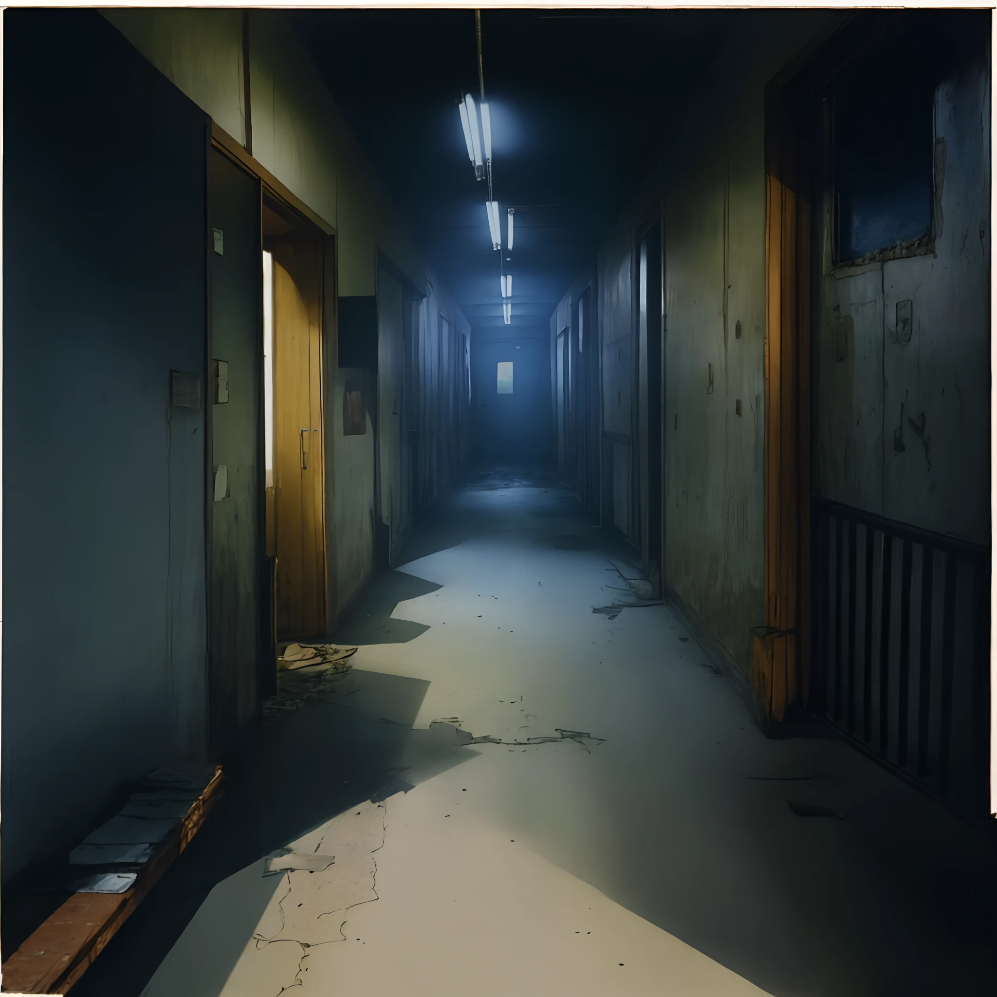 Dilapidated psychiatric hospital corridors , Dim environment