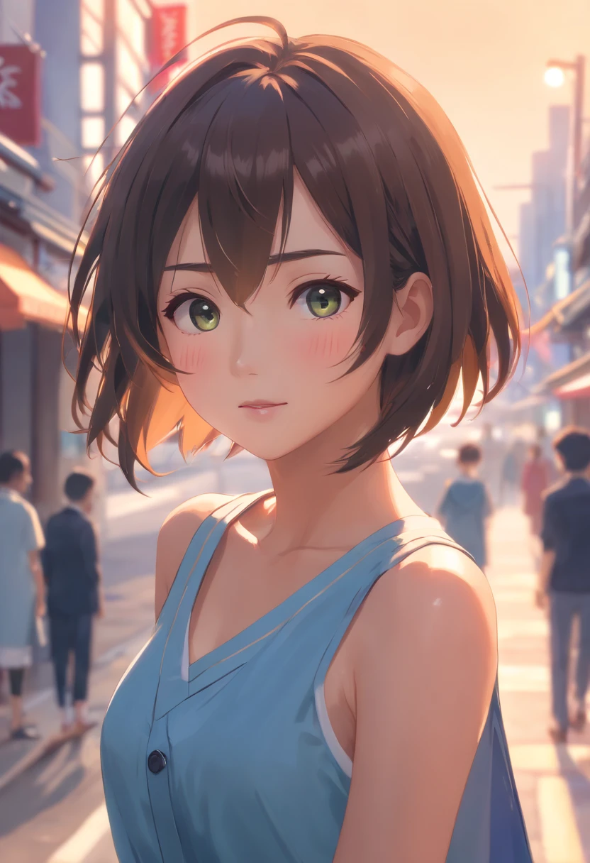 ((top-quality, in 8K,Raw photo)), (Realistic, Photorealsitic: 1.37), (Face Focus: 1.1), cute Japanese girls, short-hair, Hair fluttering in the wind, femele、Japan idol system、(Sleeveless: 1.1)、Skirt, C cup breasts,