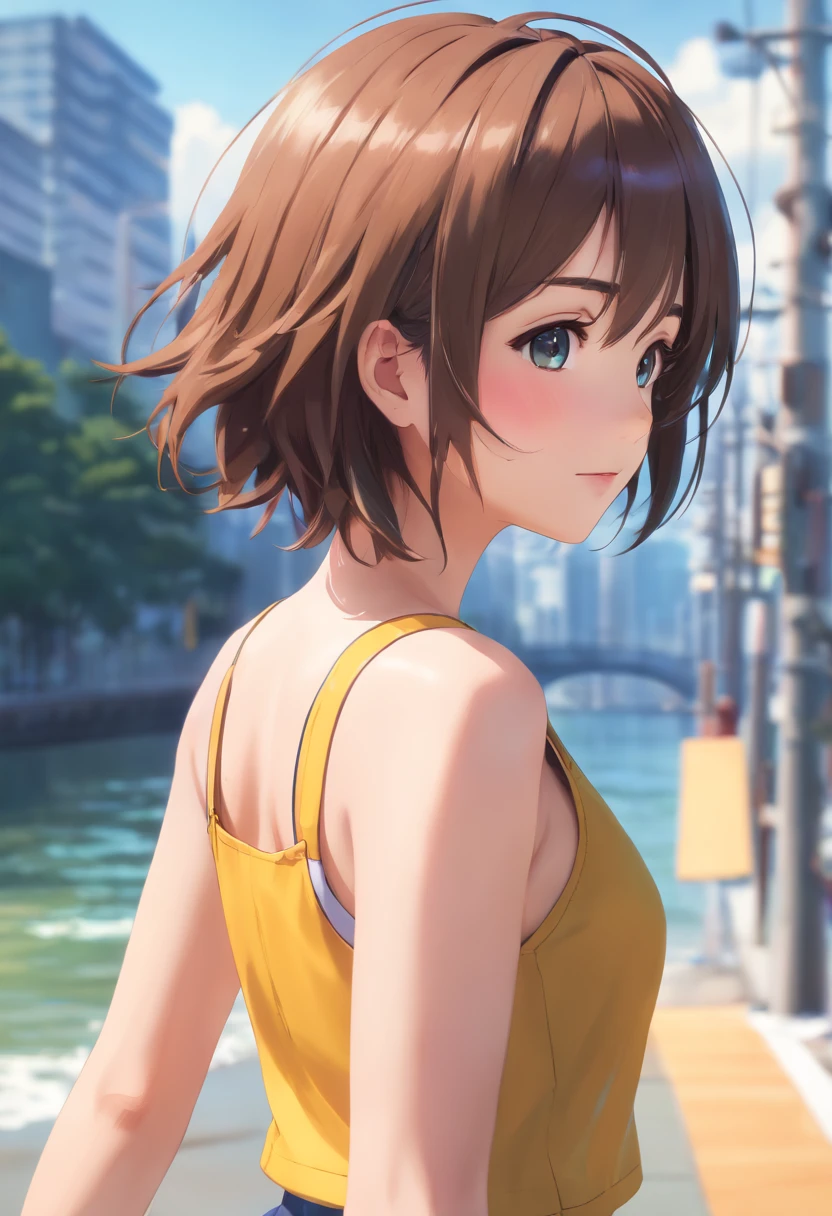 ((top-quality, in 8K,Raw photo)), (Realistic, Photorealsitic: 1.37), (Face Focus: 1.1), cute Japanese girls, short-hair, Hair fluttering in the wind, femele、Japan idol system、(Sleeveless: 1.1)、Skirt, C cup breasts,