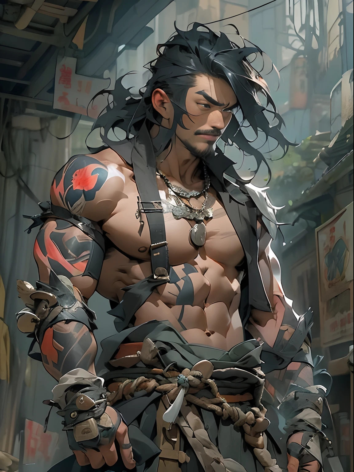 Un primer plano de un hombre rudo con tatuajes en el pecho y brazosas,en un gimnasio de boxeo,Chico guapo en el arte de Demon Slayer, Personaje masculino de anime, Arte detallado del personaje de anime, inspired by Itō Ogura Yonesuke, muscular character, Personaje de anime, Estilo anime masculino, Personaje de estilo anime, inspired by Munakata Shikō, Cuerpo completo del personaje, Arte digital de Danganronpa,alta calidad,muy detallado,pelo corto,ojos oscuros,mirada desafiante,cadenas,sin camisa,reloj,pulceras,tatuajes detallados por todo el cuerpo,