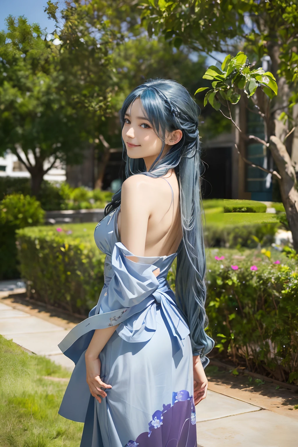 ((top-quality、8K、masterpiece、Photorealistic:1.4、fine-textured、Beautiful and detailed)), ( complex pattern, Delicate workmanship, Cosplay:1.5), (Long hair, Beautiful hairstyle, lightbluehair:1.5)、Clear, Fine-grained skin、Beautiful clear eyes、(cleavage of the breast)、Carefree and natural smile、(Hair disheveled in the wind:1.3)、Beautiful girl with a smile、In the garden:1.4、Bright sunlight(thin-waist:1.3)、(Dynamic and provocative poses:1.2)、(Backshots)