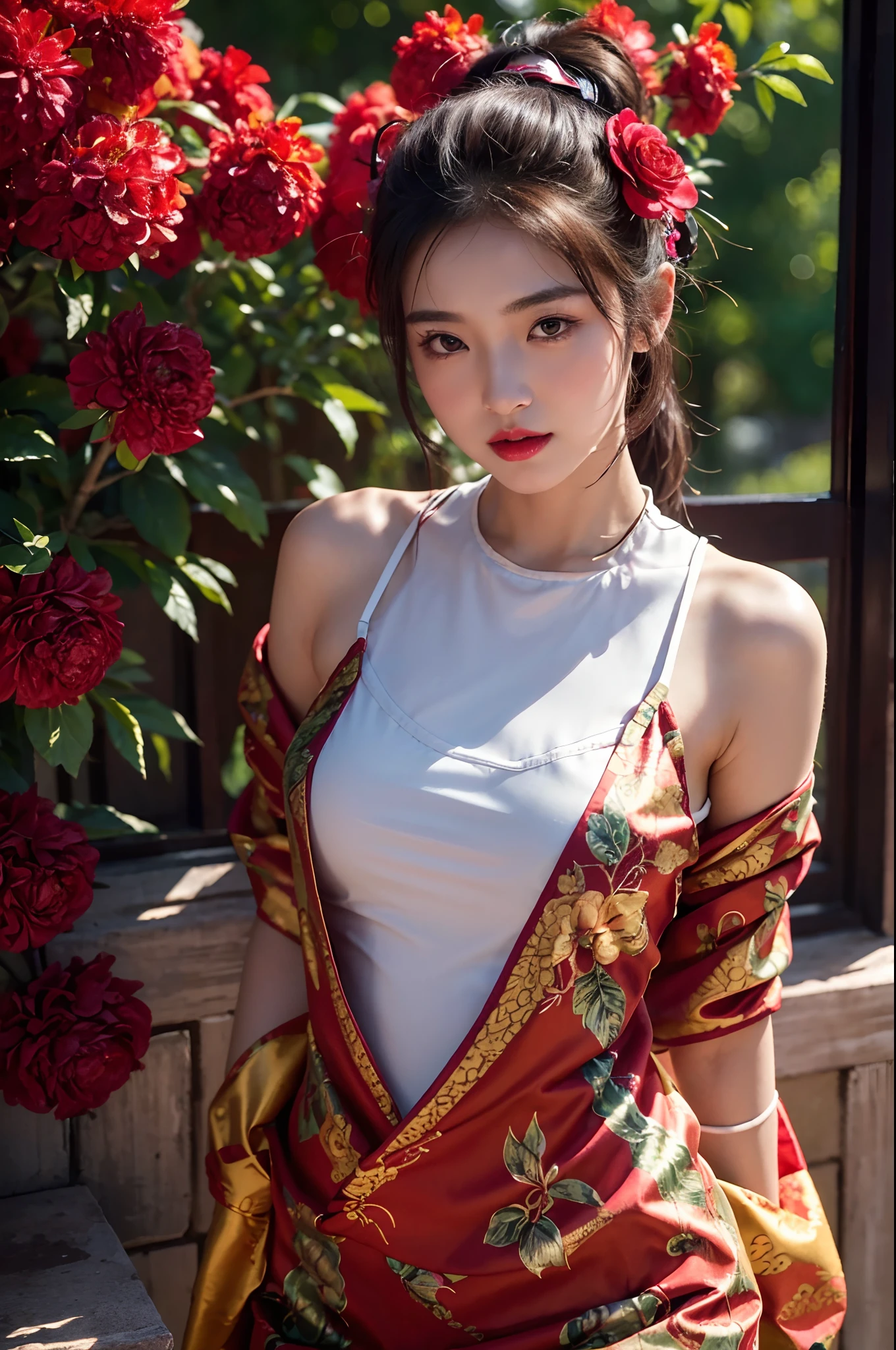 (bestquality, 8k, highres),1girls,shrubs,Girl-Girl,china dress,chinese clothes,hair flower,(masterpiece:1.4),(bestquality:1.4),(oily shiny skin),Red lips,looking at the audience,Big breasts,cleft lip,