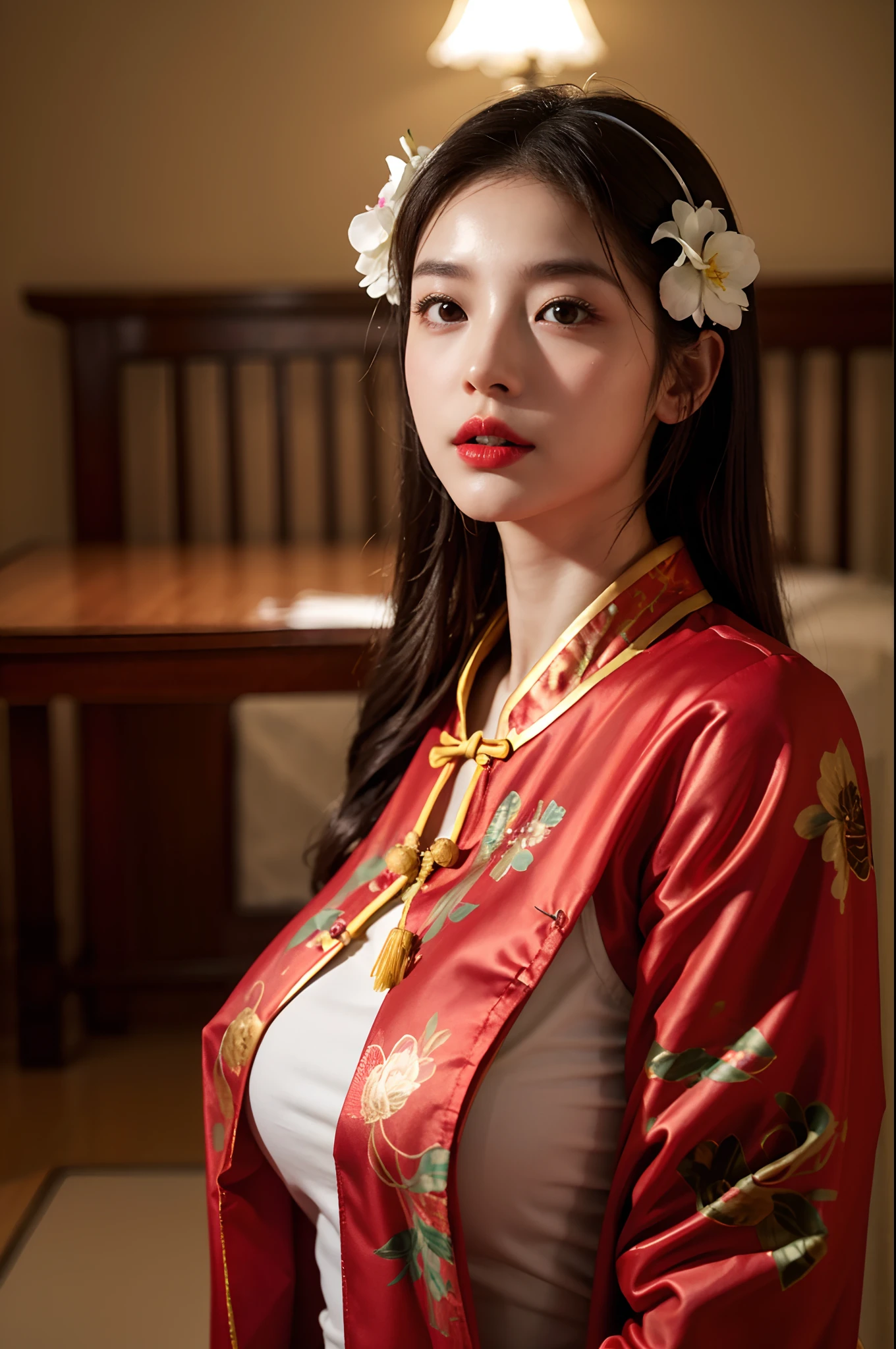 (bestquality, 8k, highres),1girls,shrubs,Girl-Girl,china dress,chinese clothes,hair flower,(masterpiece:1.4),(bestquality:1.4),(oily shiny skin),Red lips,looking at the audience,Big breasts,cleft lip,
