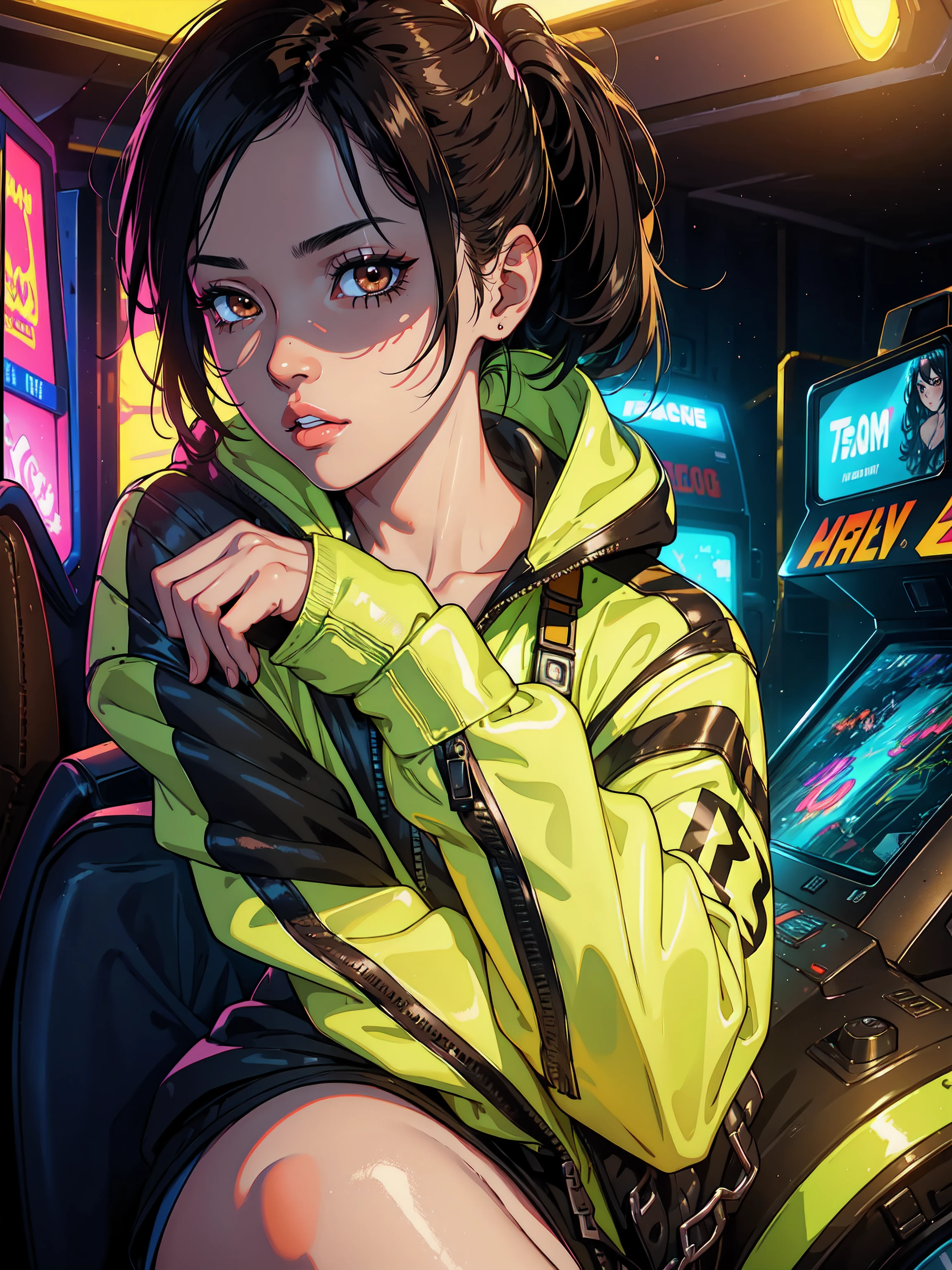 One women, arcade games environment, 8k resolution, night 12 am, neon colors, ((highlighter yellow jacket with patches)), 90s, shadows, reflections, wide open road, turning around, black hair, ((brown eyes)), rosy blush under the eyes, medium size lips, detailed face, detailed hands, brown eyes. detailed background