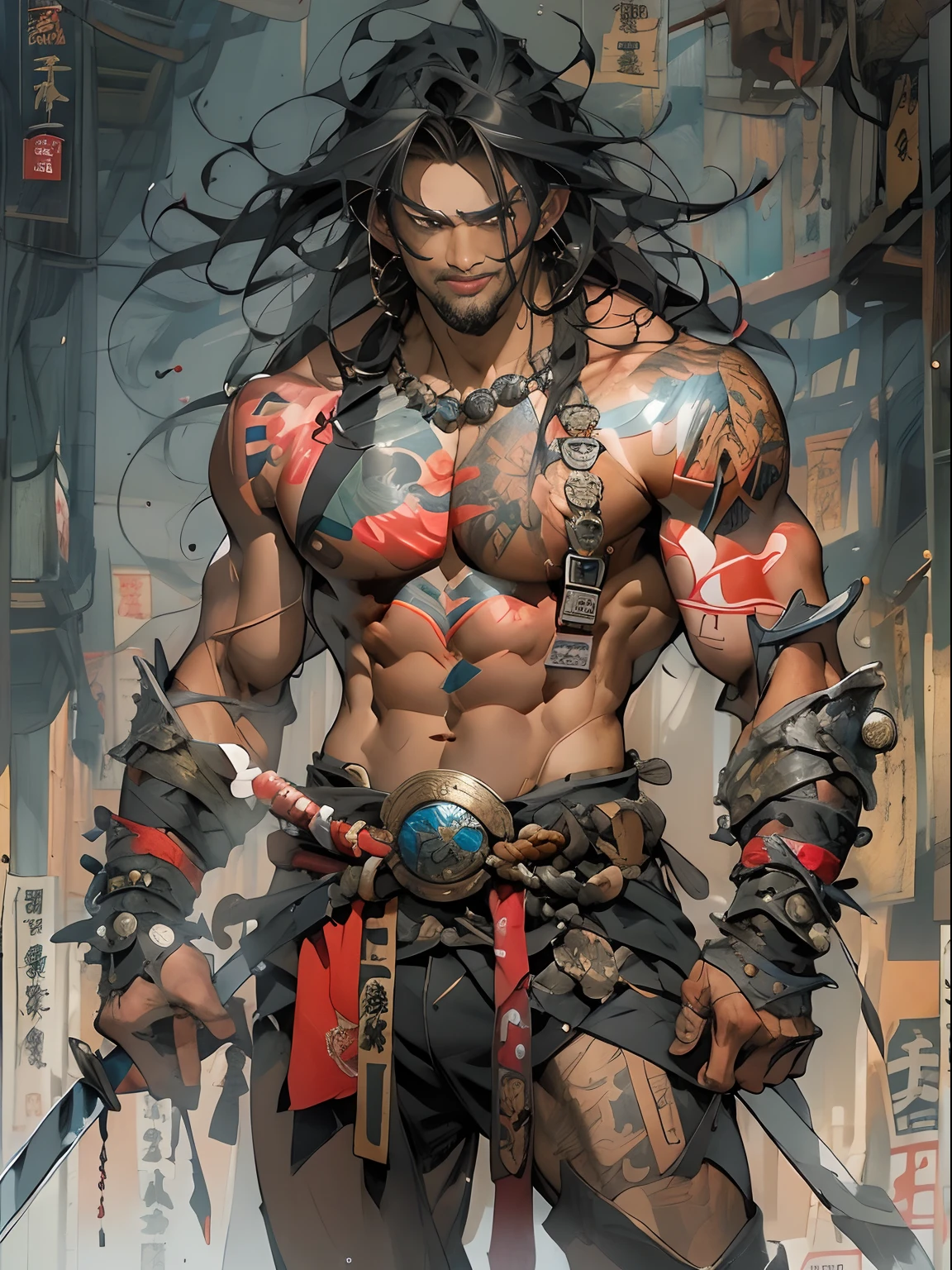 (((mtu))), (((best qualityer))), (((tmasterpiece))), (((AS-Adult))), ((( Japanese ))), Look up from your knees, Handsome Asian samurai,perfect body figure, Modern samurai, ((( Asian))), Wear gloves on your hands,The left arm is made of steel and metal tips,Made of protective devices, The eyes are pulled, (( Appears below the chest )), (( Small dental floss )), Simon Bisley, Almost naked(Simon Bisley)Castle City Wilderness,For high-resolution posters, hair straight, Minimum clothing, armure (Crazy clothes ), Full of tips and rivets, tribal tattoos, (((full bodyesbian))), Straight brunette hair,Colored hair ends