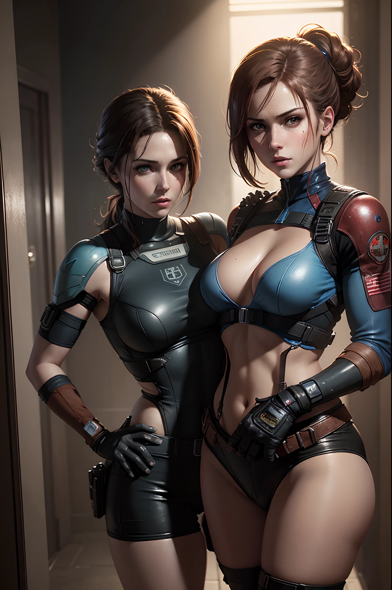 (Sci-fi fantasy), (Masterpiece), photorealistic, (professional oil painting) (best quality), (8k resolution), Jill Valentine , Claire Redfield , Resident Evil, G virus monster , Raccoon City, capcom video game, focous on facees features of both Jill and Claire , beautiful faces, killing Zombies