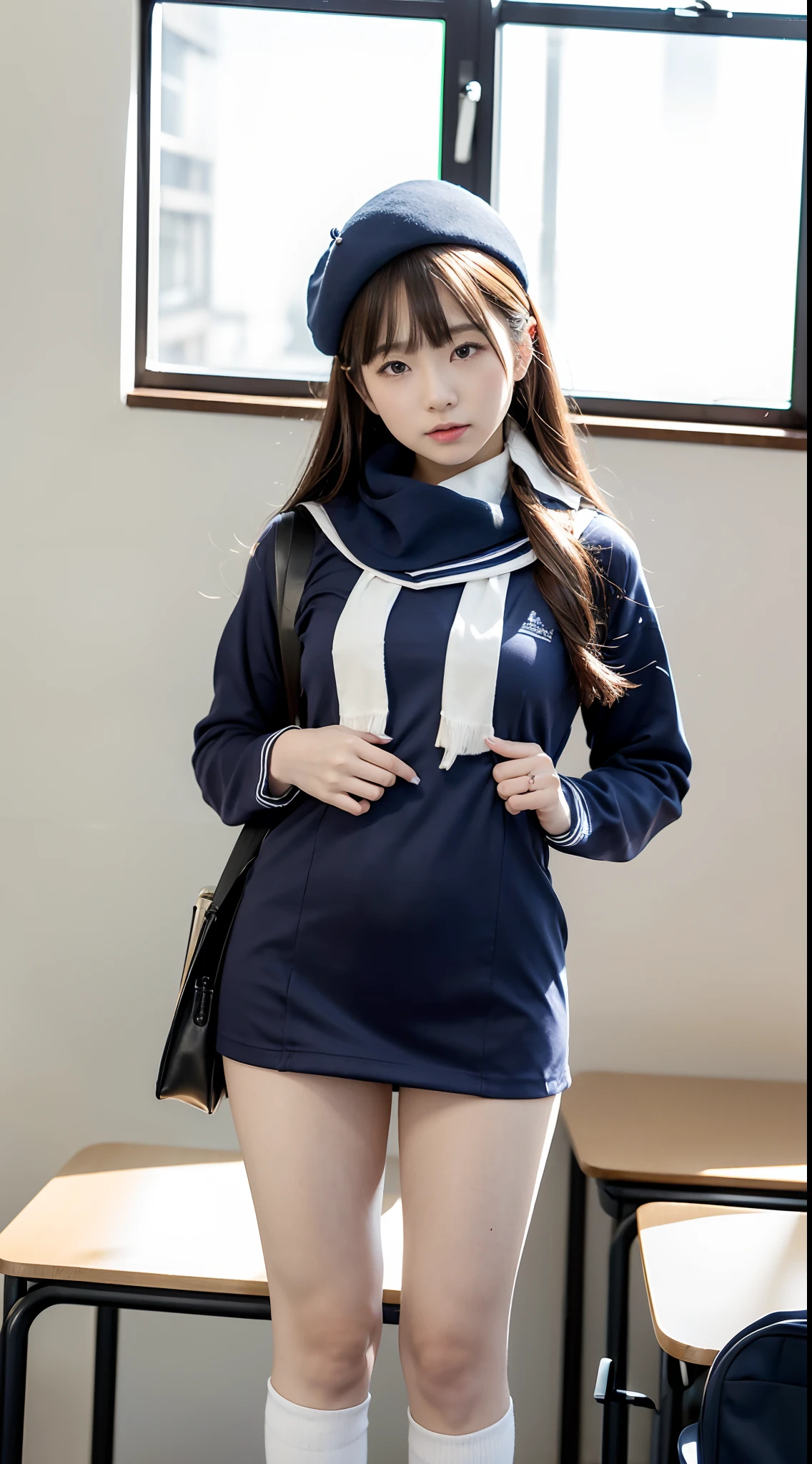 mix4, (16 K, Raw photography, Top image quality, masterpiece: 1.45), (realisitic, Photorealsitic: 1.37), one girls, 7.5, etc、Random hairstyle、Standing figure,Daytime、a very cute,Inside the school building,, profetional lighting, photon maping、physically-based renderingt, Gradient dark brown hair,Crisp backgrounds and high resolution, a handsome, Well-groomed and beautiful eyes、Large double eyelids、Very shiny、girl with, (((student clothes、Winter clothes、Sailor suit worn by Japan schoolgirl、Navy blue sailor color、scarf、a miniskirt, Small beret、high socks、lowfers、Frugal bag))), Top Quality Photos, hight resolution, 1080p, (clearface), (Detailed face description), (Detailed hand description), (masterpiece), (Exquisite CG)、extreme light and shadows、dishevled hair、master work、abundant detail、(Fine facial features)、(top quality photo)、(masuter piece)、(A detailed eye)、Look in front of you、Fine clavicle、((Slender big))、(((Japan schoolgirl in sailor suit)))、((Idle system))、((school classrooms、chalk board、desk and chair、Window side))、(((neat and cute)))、耳Nipple Ring、A big smile、Drawing the whole body from the knees、Do not draw nasolabial folds、(((Long sleeve sailor suit)))、(Big breasts that hang down big:1.2)、Big buttocks with tension、Two arms and two legs、(((from the front side:0.3)))、bare hand、No mask、No skin exposure