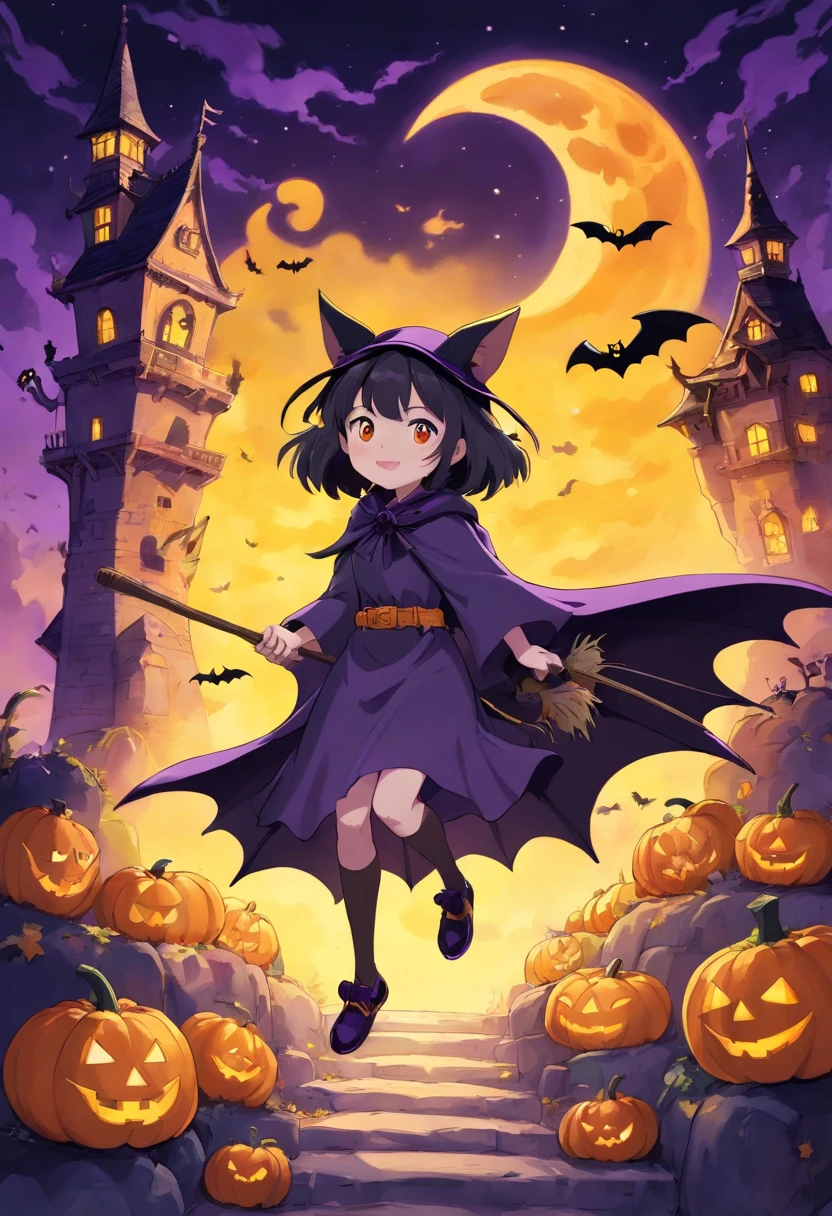 Halloween Elements, Watercolor Art: Black Bat, Ghost Pumpkin Ghost, Ghost Moon, Ghost Broom, Purple Talking Hat Witch, Spider with yellow and black stripes, Witch's Castle, magic black background, Simple image with special sticker illustration