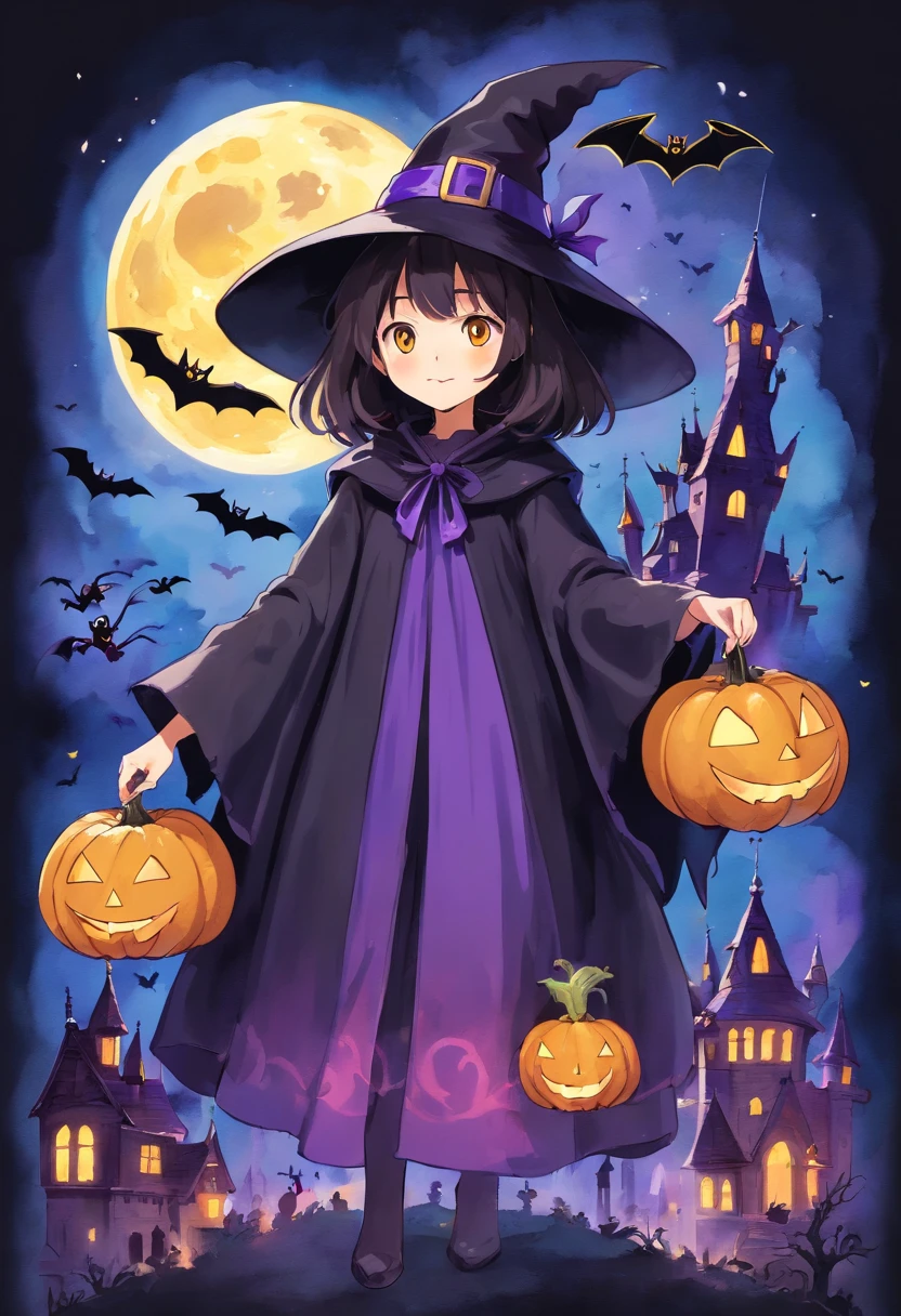 Halloween Elements, Watercolor Art: Black Bat, Ghost Pumpkin Ghost, Ghost Moon, Ghost Broom, Purple Talking Hat Witch, Spider with yellow and black stripes, Witch's Castle, magic black background, Simple image with special sticker illustration
