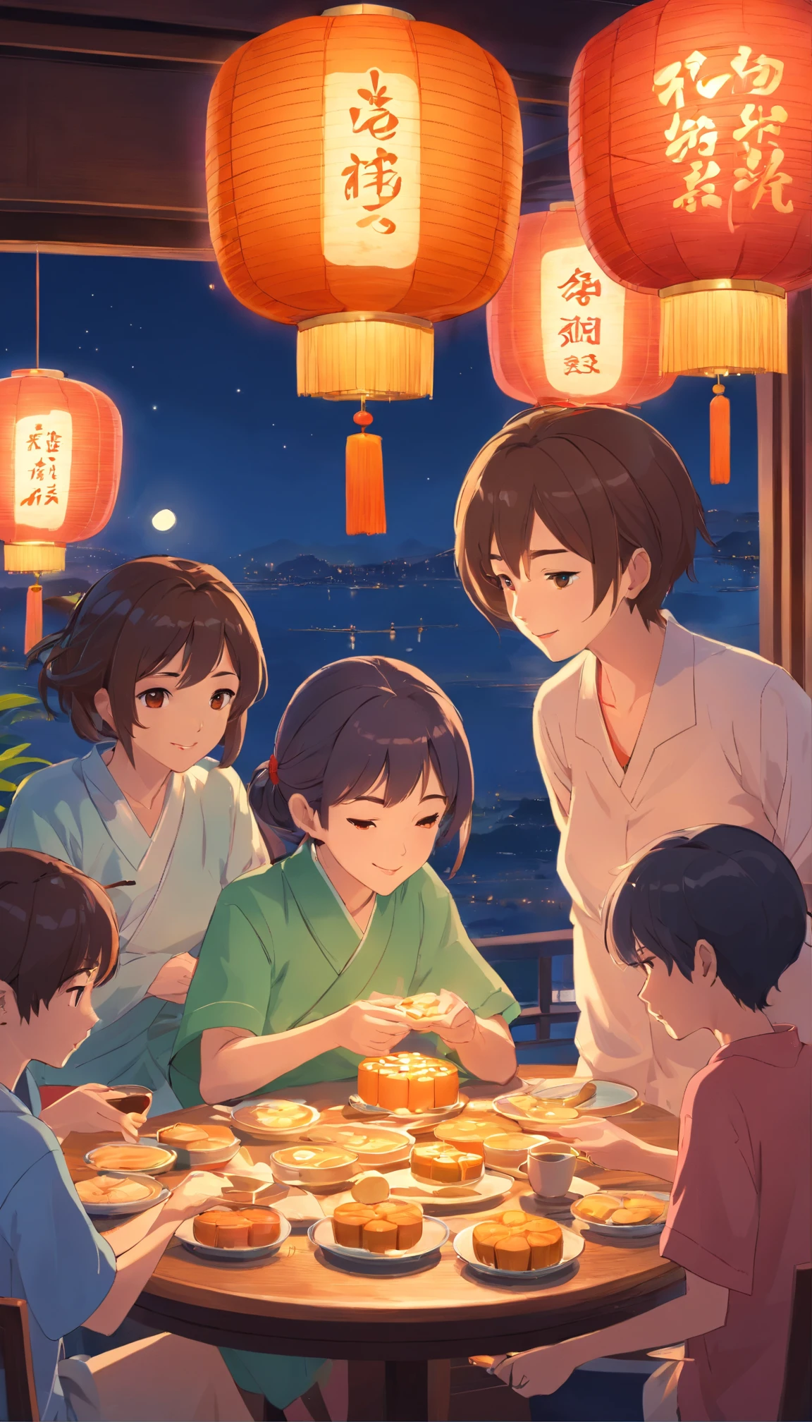A family eats mooncakes,There are mooncakes on the table, Food in hand, tea drinking and paper lanterns, Bright moon,Chinese style painting, exciting illustration