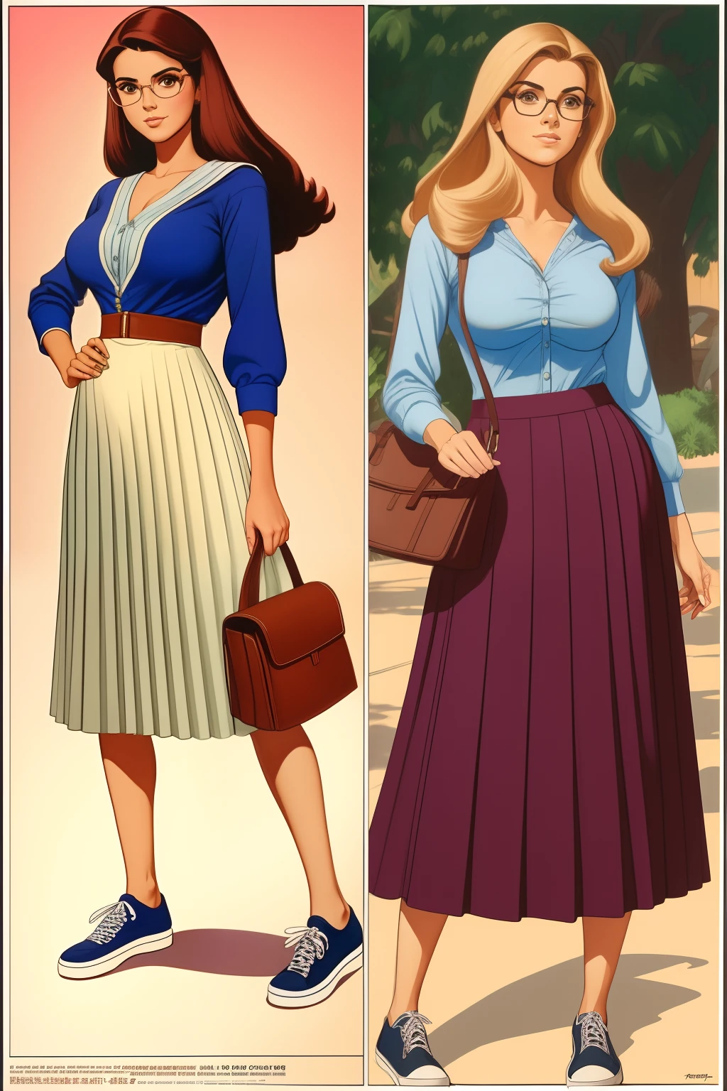 Arte similar Jonh Buscema,1garota,cabelos longos ondulados,cabelos loiros,olhos azuis, estudante colegial, with prescription glasses, super realista, middlebreasts, roupas,  jaqueta em moletom, pleated plaid skirt and sneakers,olhar ingenuo, postura de virgem, 4K分辨率, Lotes Cameltoe, lotes de dedo de camelo, Sentido Superior, pelos louros, cotton clothes, carregando uma mochila escolar nas costas