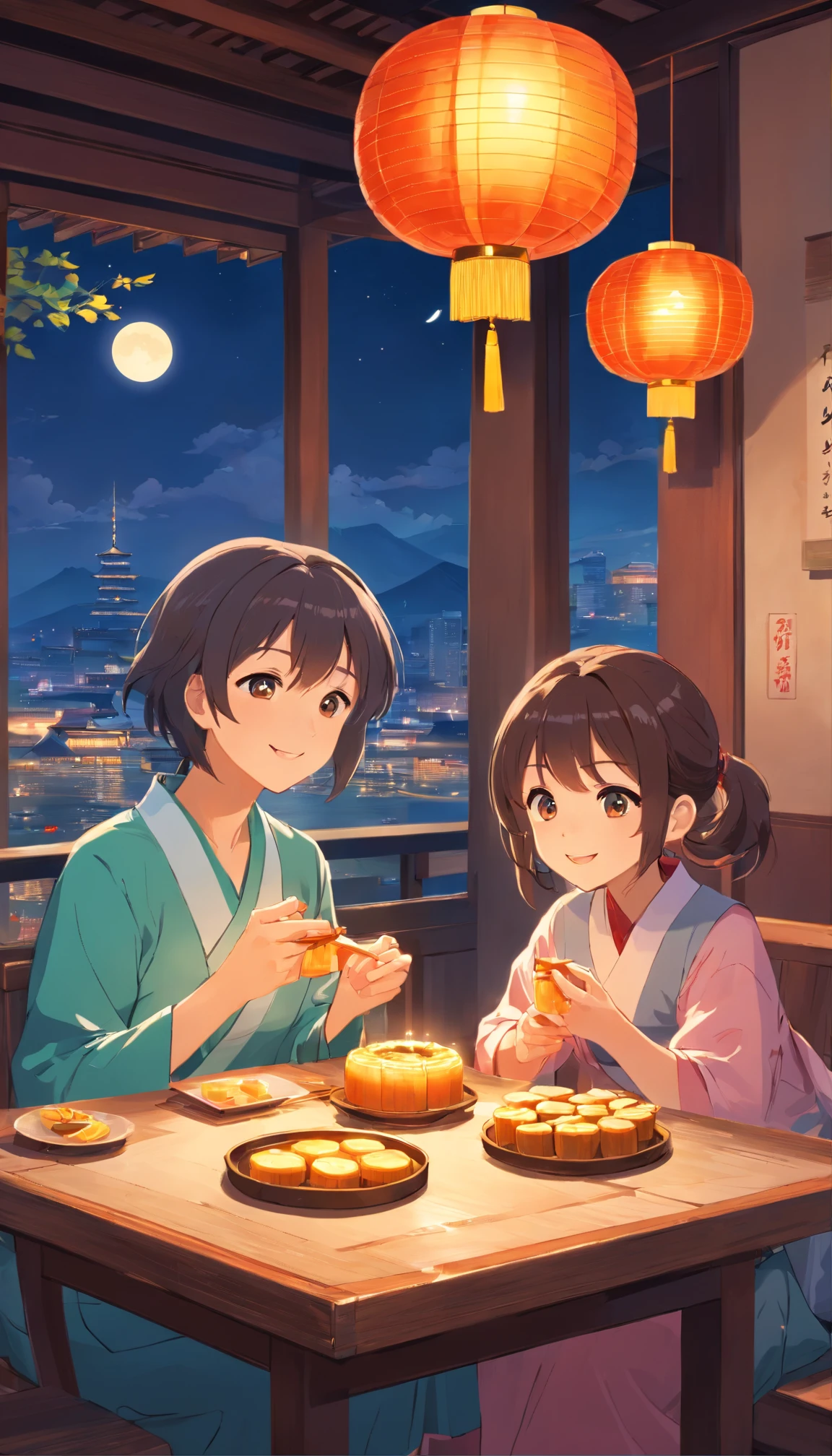 A family eats mooncakes，There are mooncakes on the table, Food in hand, tea drinking and paper lanterns, Bright moon,Chinese style painting, exciting illustration