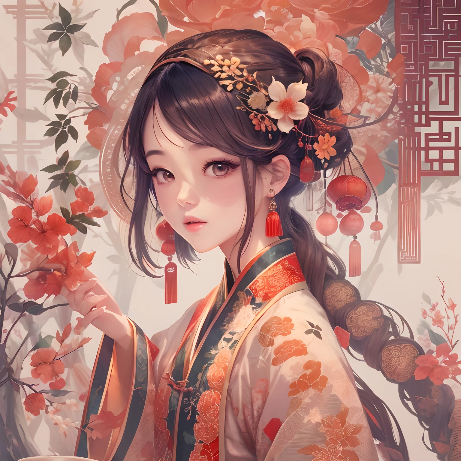 （China - chic Chinese girl，anatomy correct，Oriental elements），（China - funky illustration：1.5，Vector painting：1.5），（Chinese colors，senior color matching，gradient backgrounds，white backgrounid），（The is very detailed，Reasonable design，Clear lines，High- sharpness，best qualtiy，tmasterpiece，offcial art，movie light effect，4K）
