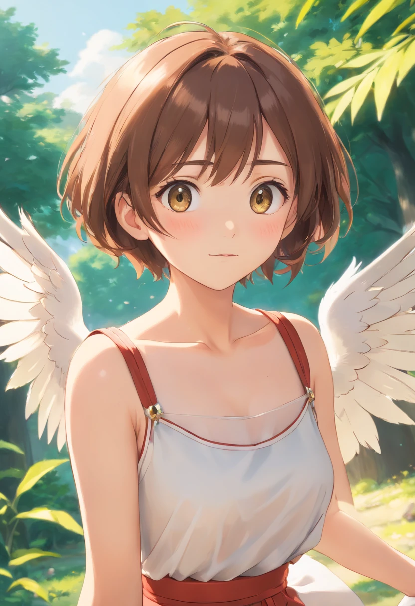 ((top-quality, in 8K,Raw photo)), (Realistic, Photorealsitic: 1.37), (Face Focus: 1.1), cute Japanese girls, short-hair, Hair fluttering in the wind, femele、Japan idol system、(Sleeveless: 1.1)、Skirt, C cup breasts,