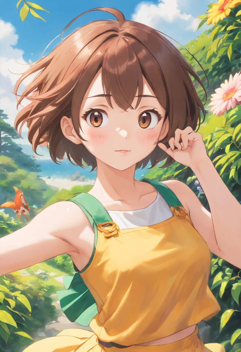 ((top-quality, in 8K,Raw photo)), (Realistic, Photorealsitic: 1.37), (Face Focus: 1.1), cute Japanese girls, short-hair, Hair fluttering in the wind, femele、Japan idol system、(Sleeveless: 1.1)、Skirt, C cup breasts,