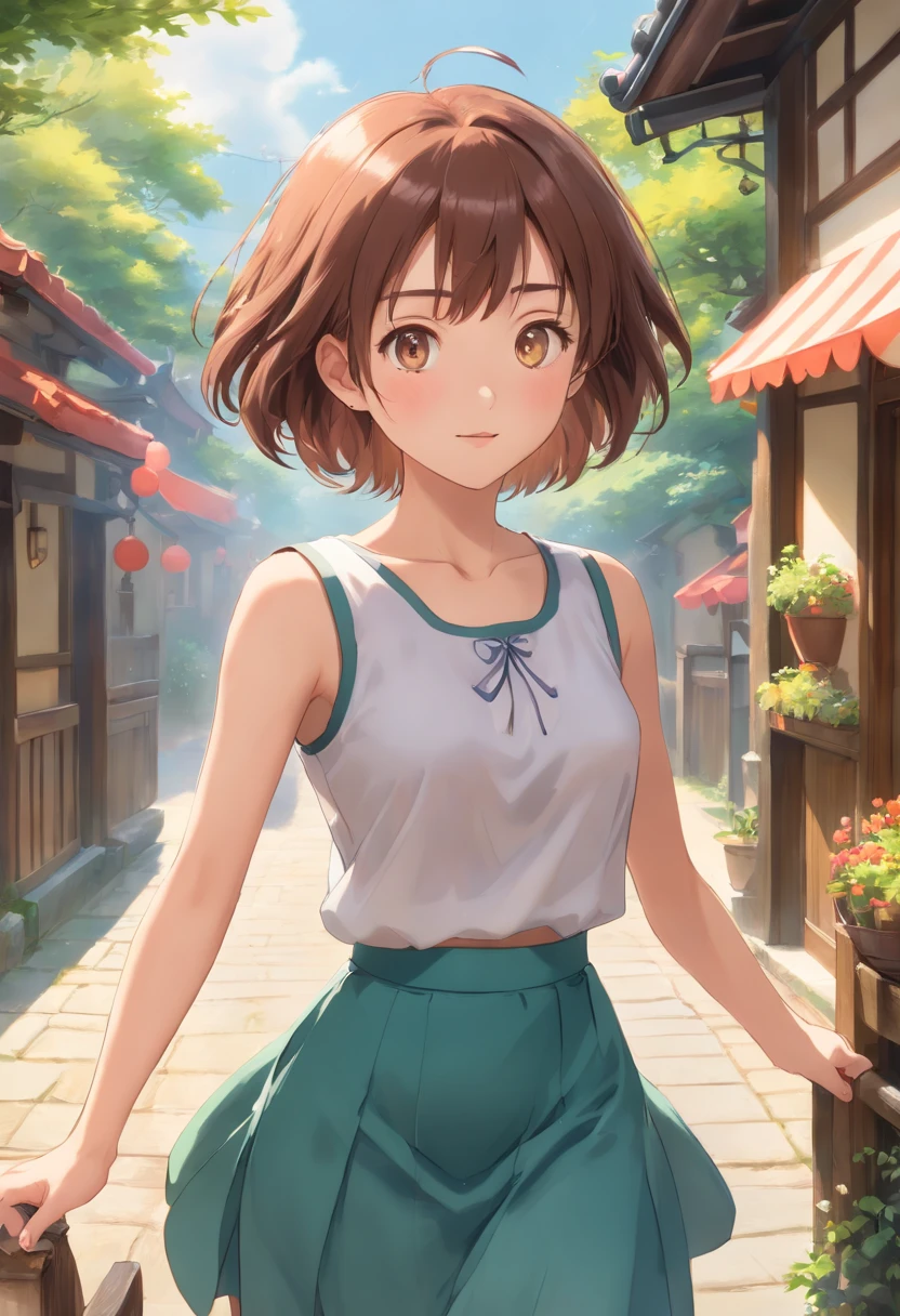((top-quality, in 8K,Raw photo)), (Realistic, Photorealsitic: 1.37), (Face Focus: 1.1), cute Japanese girls, short-hair, Hair fluttering in the wind, femele、Japan idol system、(Sleeveless: 1.1)、Skirt, C cup breasts,