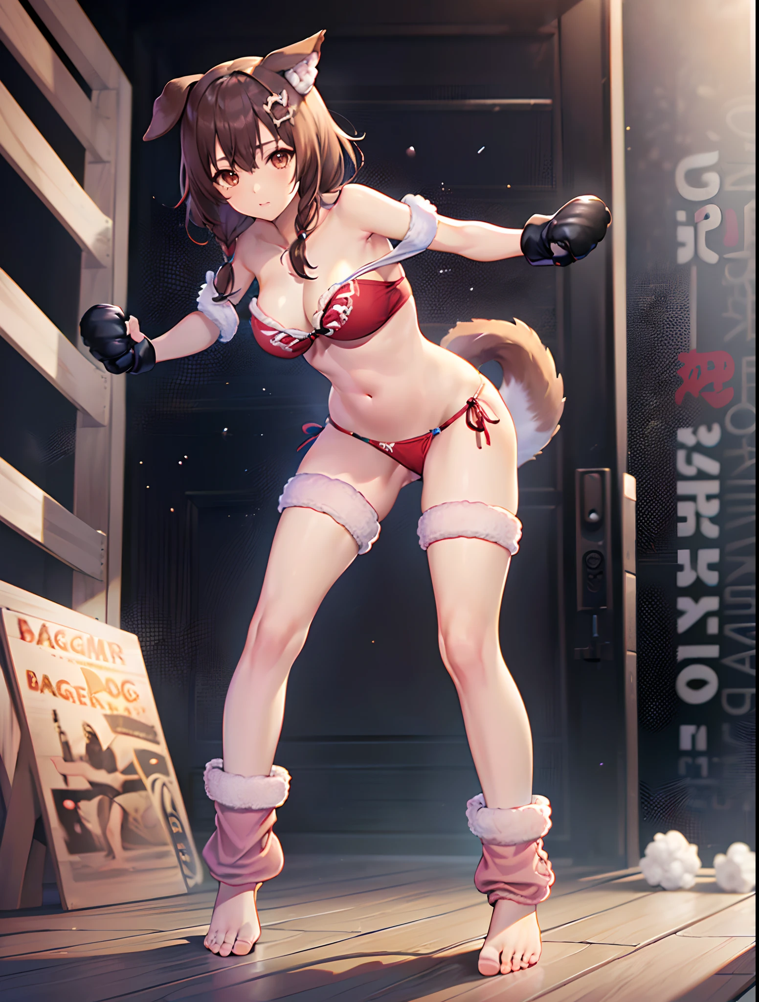 ((dog girl)), ((full body)), ((Standing pose)), ((((very baggy and long cotton leg warmers)))), ((bare feet)), ((strapless bikini top)), ((thong)), ((open blouse)), ((martial fighting gloves)), ((fully detailed))