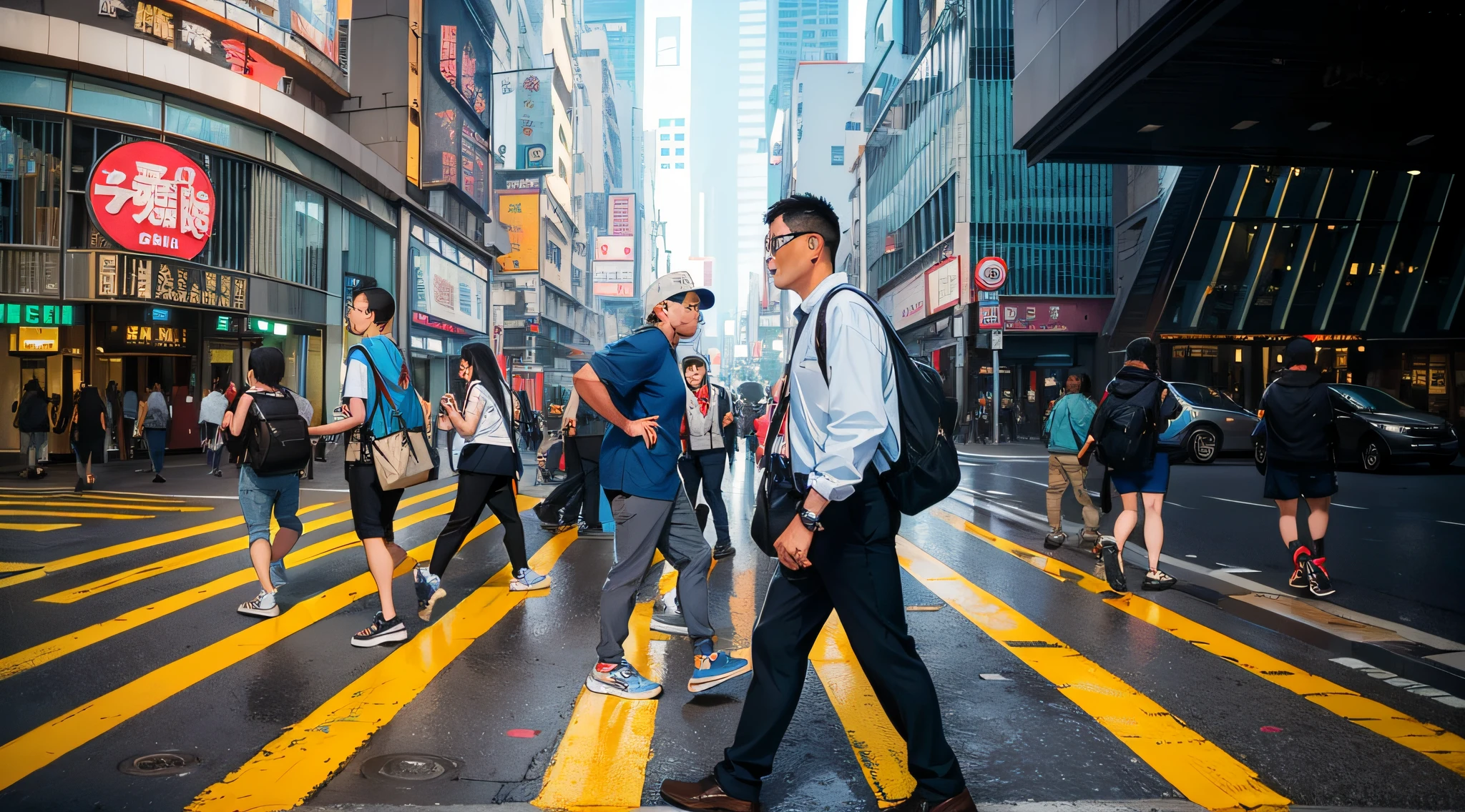 people walking across a crosswalk in a busy city street, travelers walking the streets, people walking down a street, streets of hong kong, people walking in street, people walking on street, busy streets, busy streets filled with people, street of hong kong, people walking around, busy street, people on the streets, pedestrians, crossing road, people walking