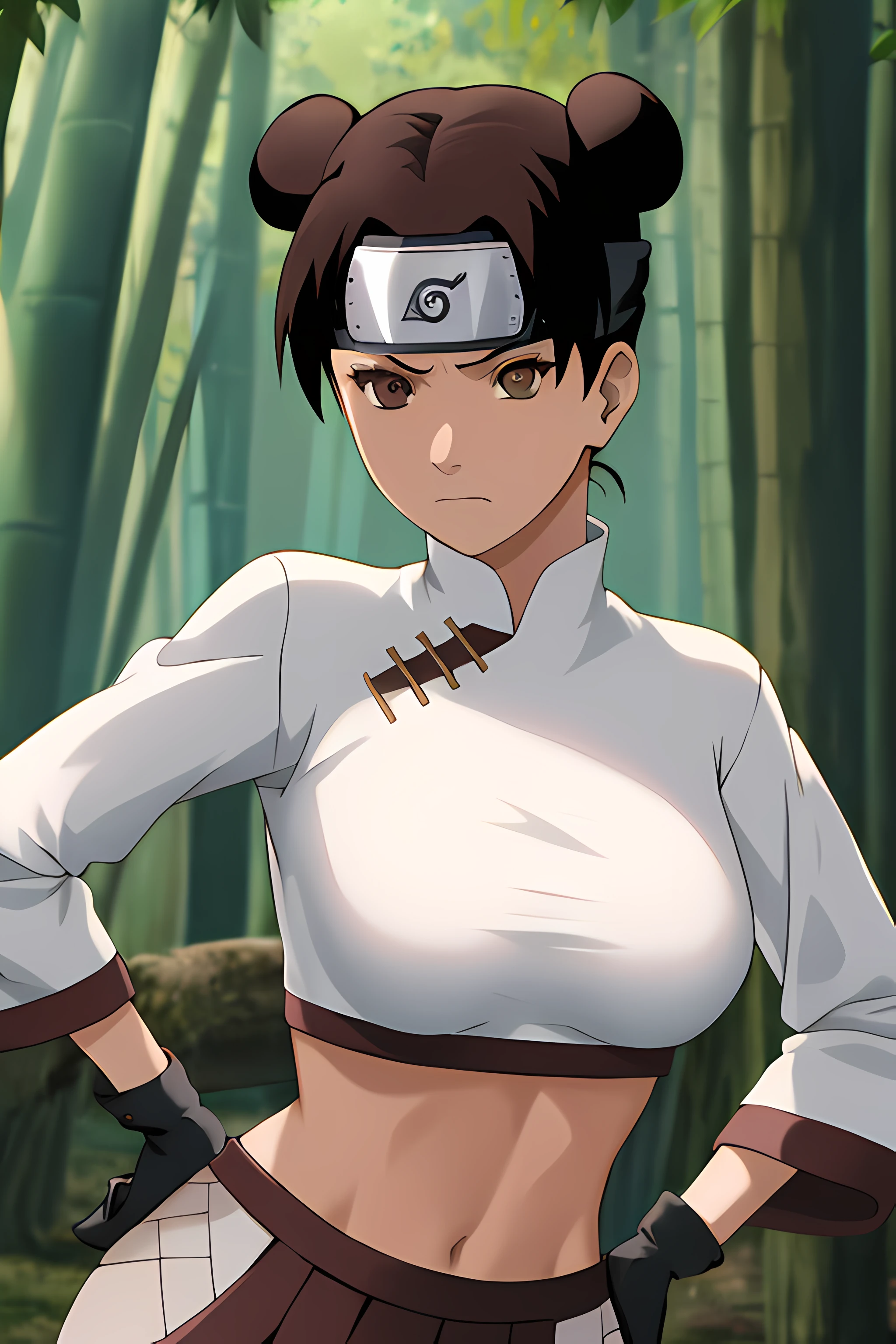 masterpiece, absurdres , (intricate details), (colorful),cinematic lighting,bust shot,extremely detailed CG unity 8k wallpaper,tenten\(shippuden\), 1girl, solo, miniskirt ,(white crop top), hand on hip,forehead protector, konohagakure symbol, headband, looking at viewer, outdoors, bamboo forest, frown, (large breasts), (skinny waist), ((sexy pose)),