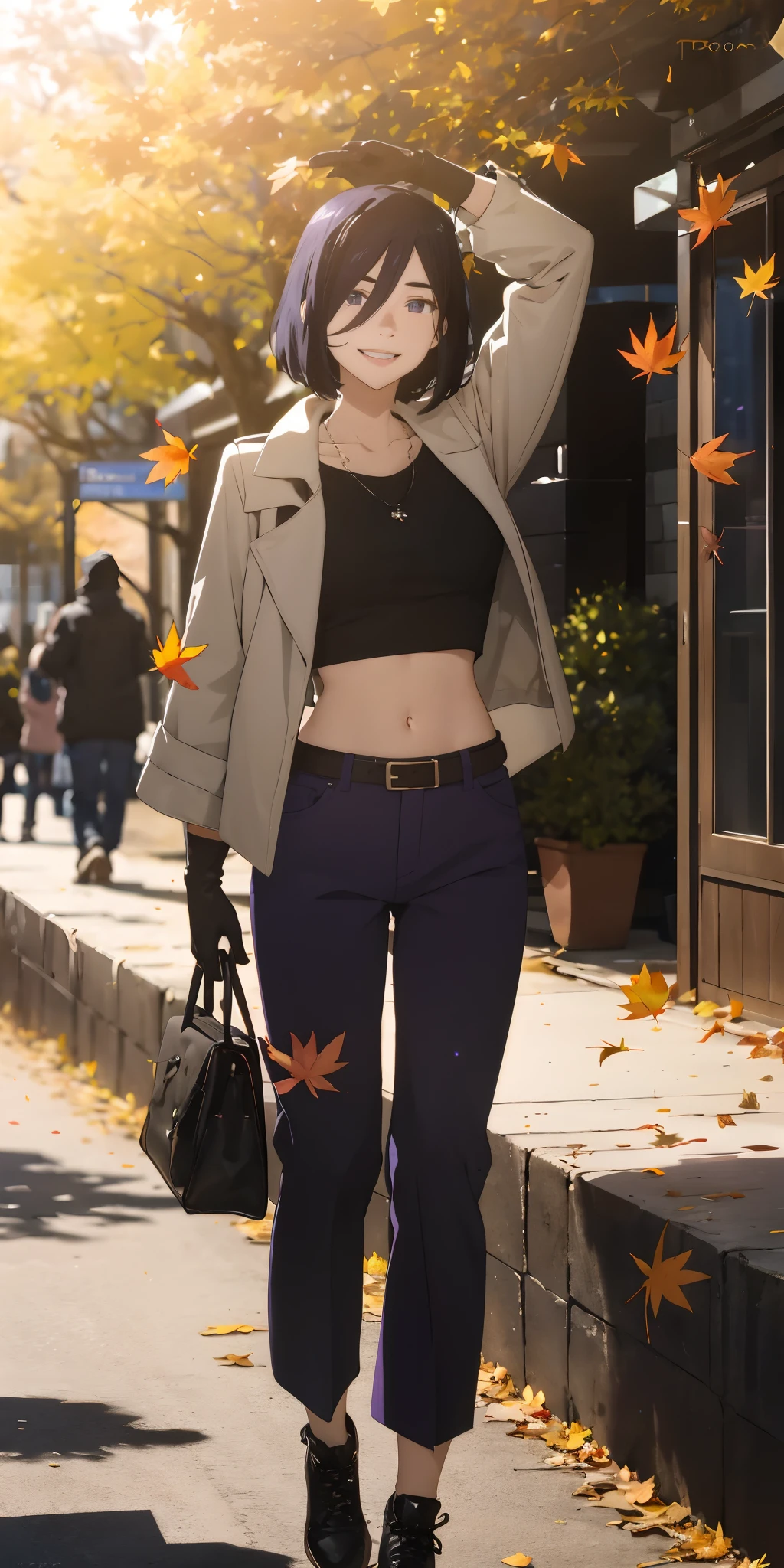 izumi_nase, (short hair, black hair, purple eyes:1.4), jewelry, necklace, 1girl, long_hair, gloves, navel, blue_eyes, midriff, blonde_hair, wind, open_mouth, solo, confetti, autumn_leaves, pants, petals, black_gloves, smile, belt, breasts, jacket, falling_leaves, looking_at_viewer, autumn, black_pants, parted_bangs, crop_top, :d, forehead, floating_hair, stomach, medium_breasts, leather_jacket, outdoors, leaf, standing, artist_name, fire, open_clothes, long_sleeves, wind_lift, leather