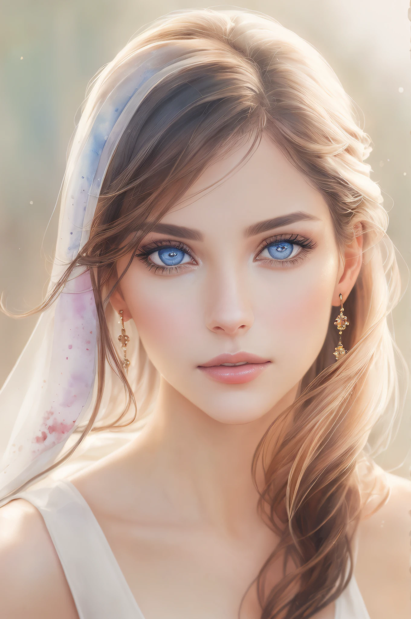 (realistic) (watercolor portrait) of an (attractive lady), (graceful and magnetic), (inherent charm), (expressive eyes), (captivating presence), (watercolor artwork by a talented artist), (subtle and delicate colors), (timeless allure), (effortless beauty), (classic portrait), (mesmerizing gaze), (stunning appearance)