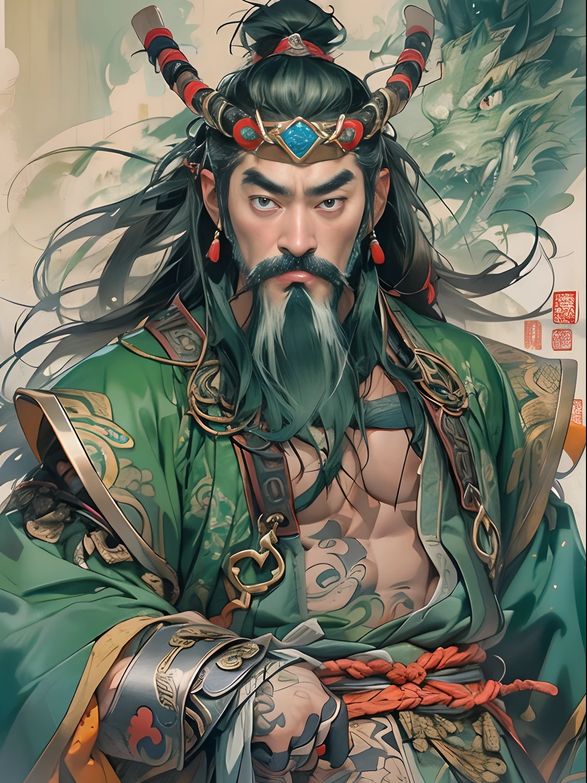 (((China-style,Ink painting method,Half-length portrait,Intense color,Han dynasty, China,Hanfu,Armor,Guan yu,Guan Yunchang,of a guy,Ruddy killing square face,Hold the Blue Dragon Moon Knife in his right hand,Stroke your beard with your left hand,Long hair,petty eyes,Green robe))), (((best qualityer))), (((tmasterpiece))), (((AS-Adult))), ((( Japanese ))), Look up from your knees, Handsome Asian samurai,perfect body figure, Modern samurai, ((( Asian))), Wear gloves on your hands,The left arm is made of steel and metal tips,Made of protective devices, The eyes are pulled, (( Appears below the chest )), (( Small dental floss )), Simon Bisley, Almost naked(Simon Bisley)Castle City Wilderness,For high-resolution posters, hair straight, Minimum clothing, armure (Crazy clothes ), Full of tips and rivets, tribal tattoos, (((full bodyesbian))), Straight brunette hair,Colored hair ends