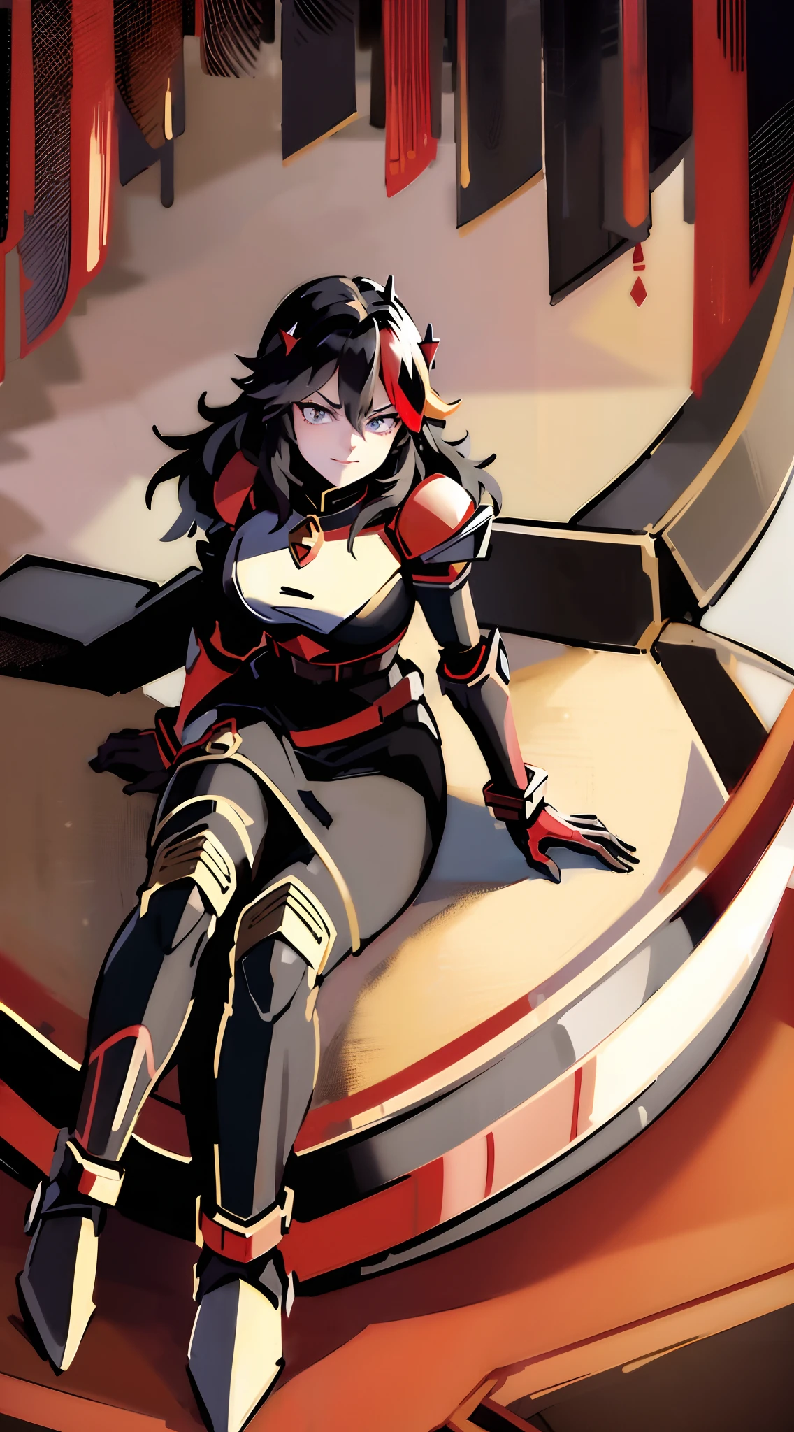 ((Masterpiece, Best Quality)): 1Girl, Princess Ryuko matoi wearing : Heavy red black and gold Knight Armor, black knight shoulder pauldrons, heavily armored black knight helmet, heavy mech armor, draconian armor, cyber armor red and black, gold belt, heavy red black dress, long hair, long tapered red dress with gold and black highlights, princess armor, long flowing black dress with red highlights and gold waist belt, red mechsuit, looking at viewer at eye-level, full-body, forest background, forest background with large mountains, heavy armored black gold and red dress, looking at viewer with closed smirk, dress with long tail, evil queen’s dress, gold and black long dress, gold and bronze outfit