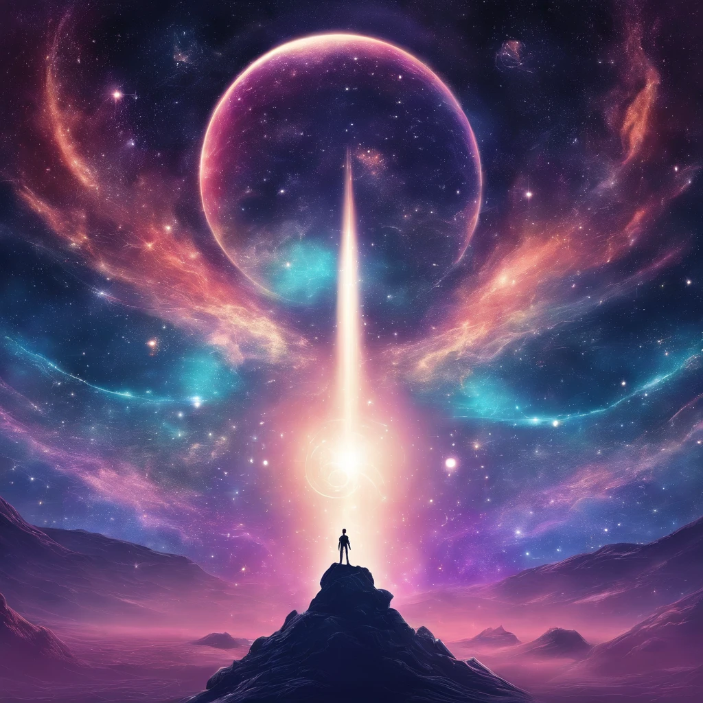 Mystical man in the middle of the universe Astral body, deep meditation, Etéric atmosphere, Aurico