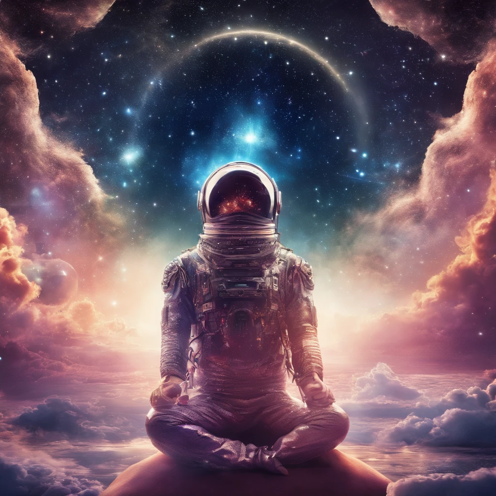 Mystical man in the middle of the universe Astral body, deep meditation, Etéric atmosphere, Aurico