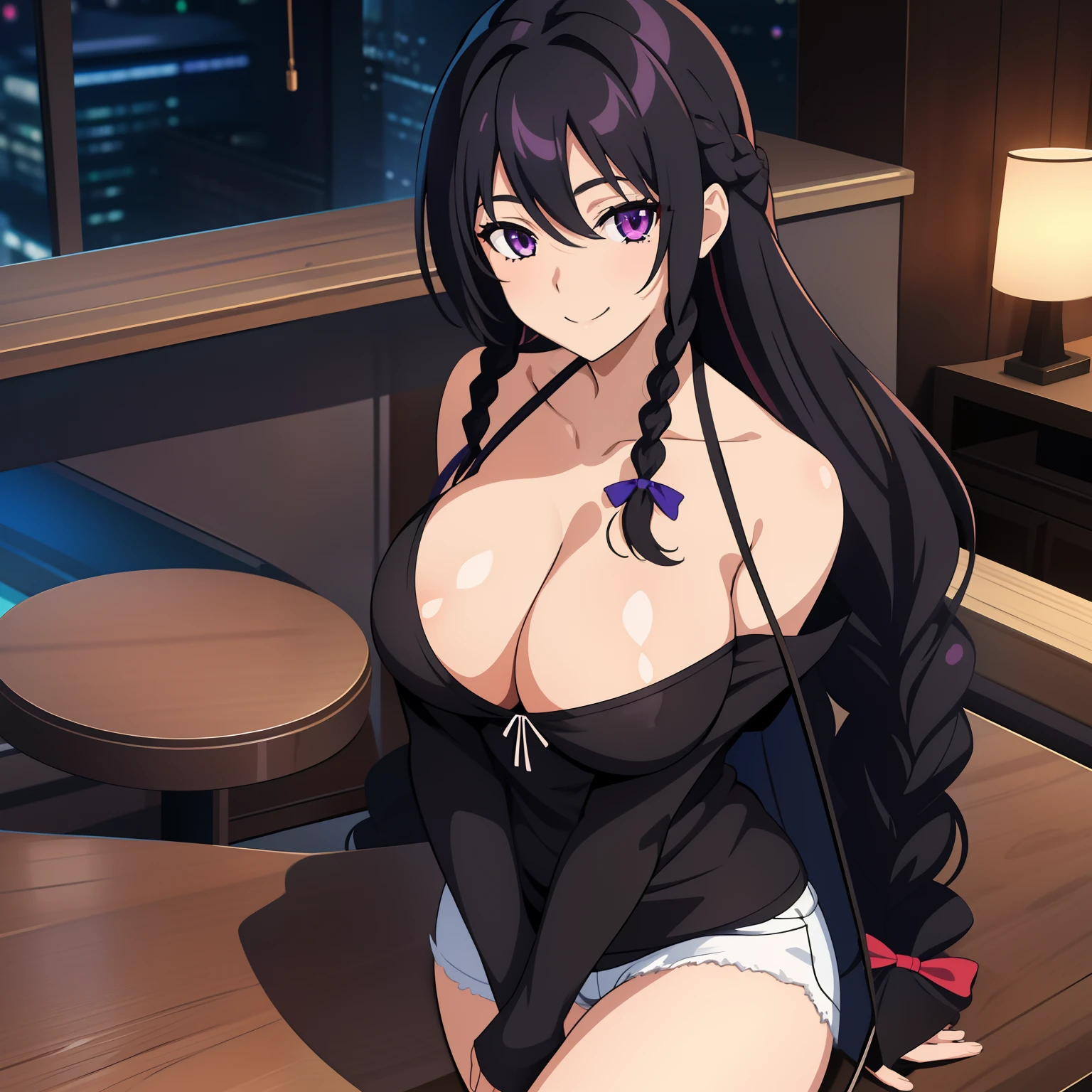 1024 X 1536, (masterpiece), maximum quality, 1girl, solo, purple eyes, ((black hair)), long hair, large breasts, hair between eyes, shiny hair, smile, braided sidelock, casual clothing, cleavage