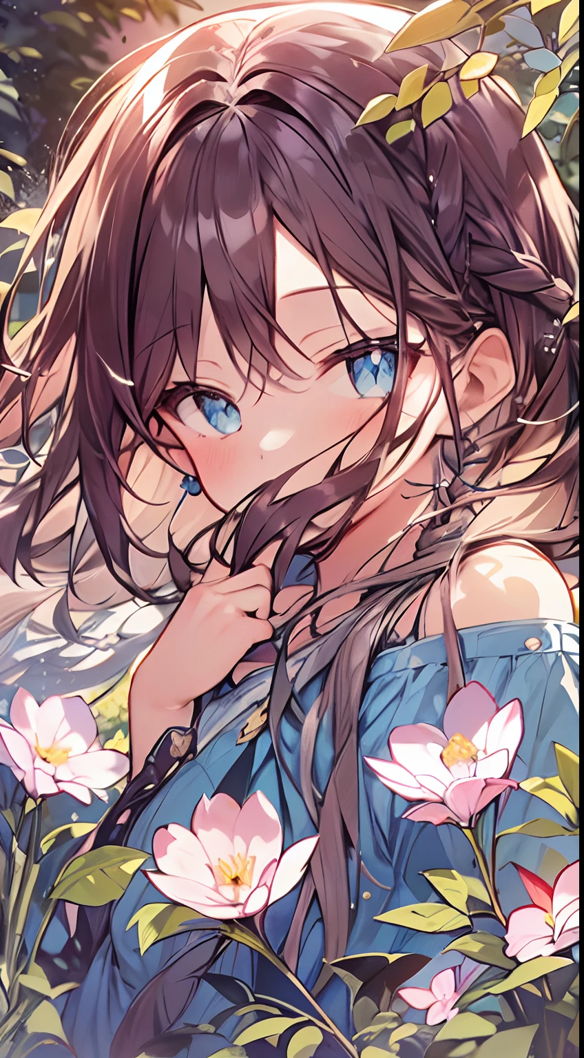 masutepiece, Best Quality,Illustration, Wallpaper, Ultra Detail, Absurd beauty、1 beautiful girl、 (Semi-long hair、short braided hair), Big sparkling eyes、Beautiful ultra-detailed eyes , Hair fluttering in the wind、Keep your head small、great outdoors、Look: garden