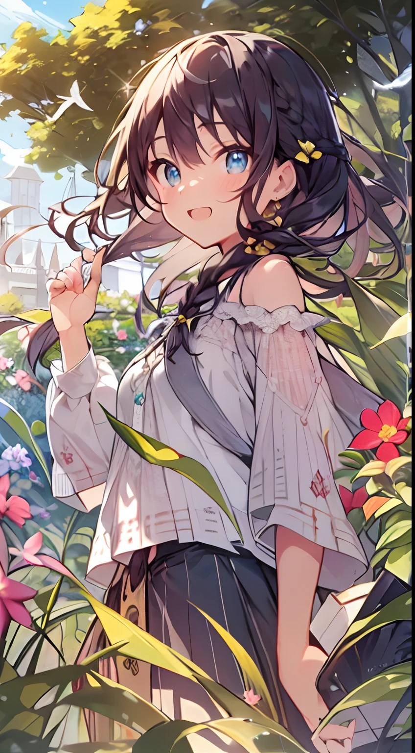 masutepiece, Best Quality,Illustration, Wallpaper, Ultra Detail, Absurd beauty、1 beautiful girl、 (Semi-long hair、short braided hair), Big sparkling eyes、Beautiful ultra-detailed eyes , Hair fluttering in the wind、Keep your head small、great outdoors、Look: garden