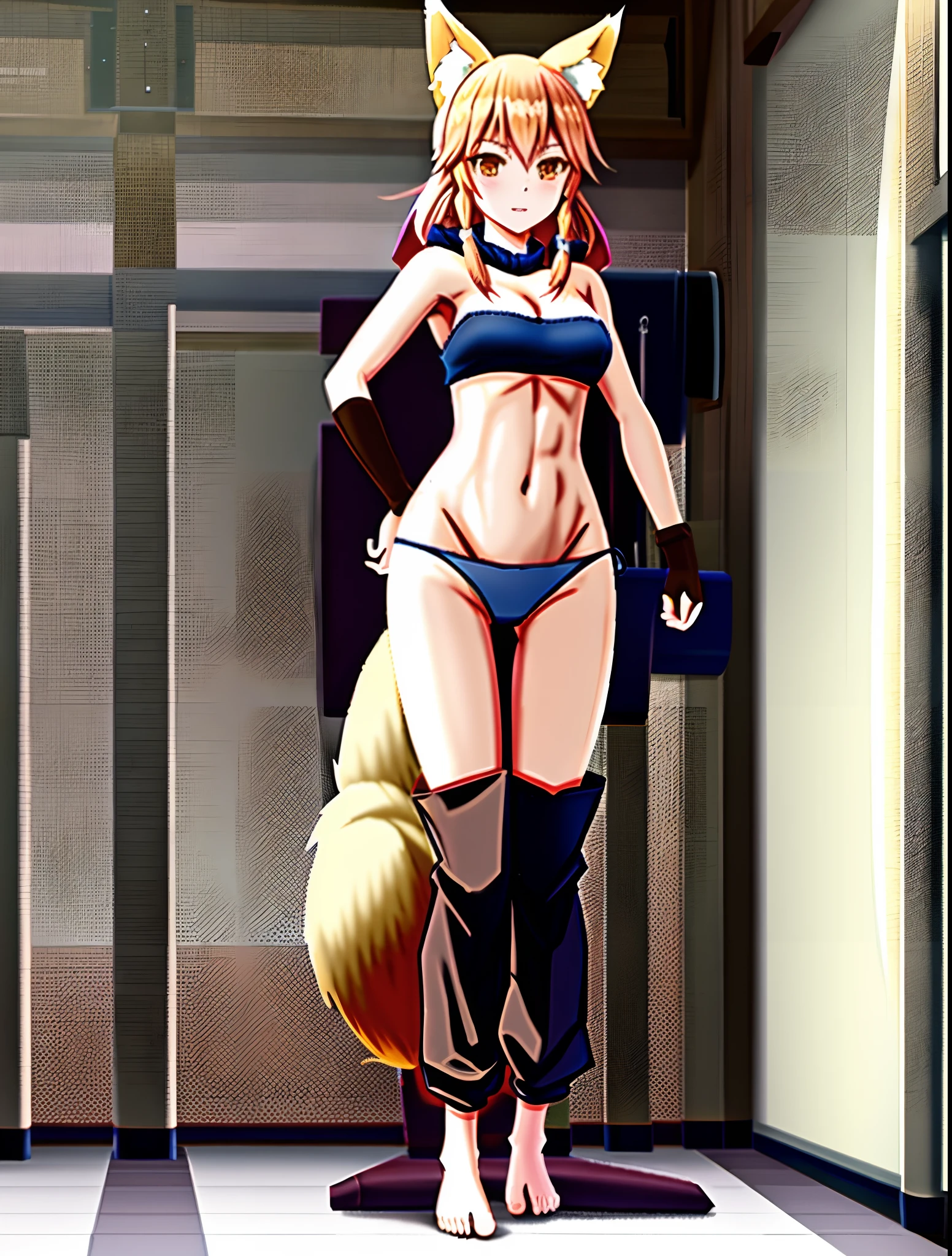 ((fox girl)), ((full body)), ((standing pose)), ((((baggy and long wool gaiters)))), ((bare feet)), ((strapless gym top)), ((thong panties)), ((martial fighting gloves)), ((fully detailed))