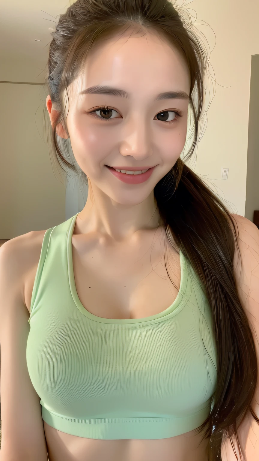 ((Best quality, 8k, Masterpiece :1.3)), 1girl, beautiful woman with emphasis on slender abs: 1.3, (long hair,ponytail, modest breast), sport tank top, ultra-delicate face, delicate eyes, double eyelids, smile, home