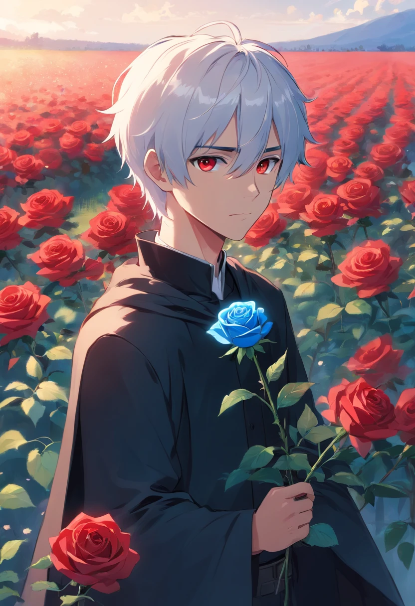 A young man with white hair and red eyes in a black outfit with a white cape with blue details holding a blue rose in his hand in a field of red roses