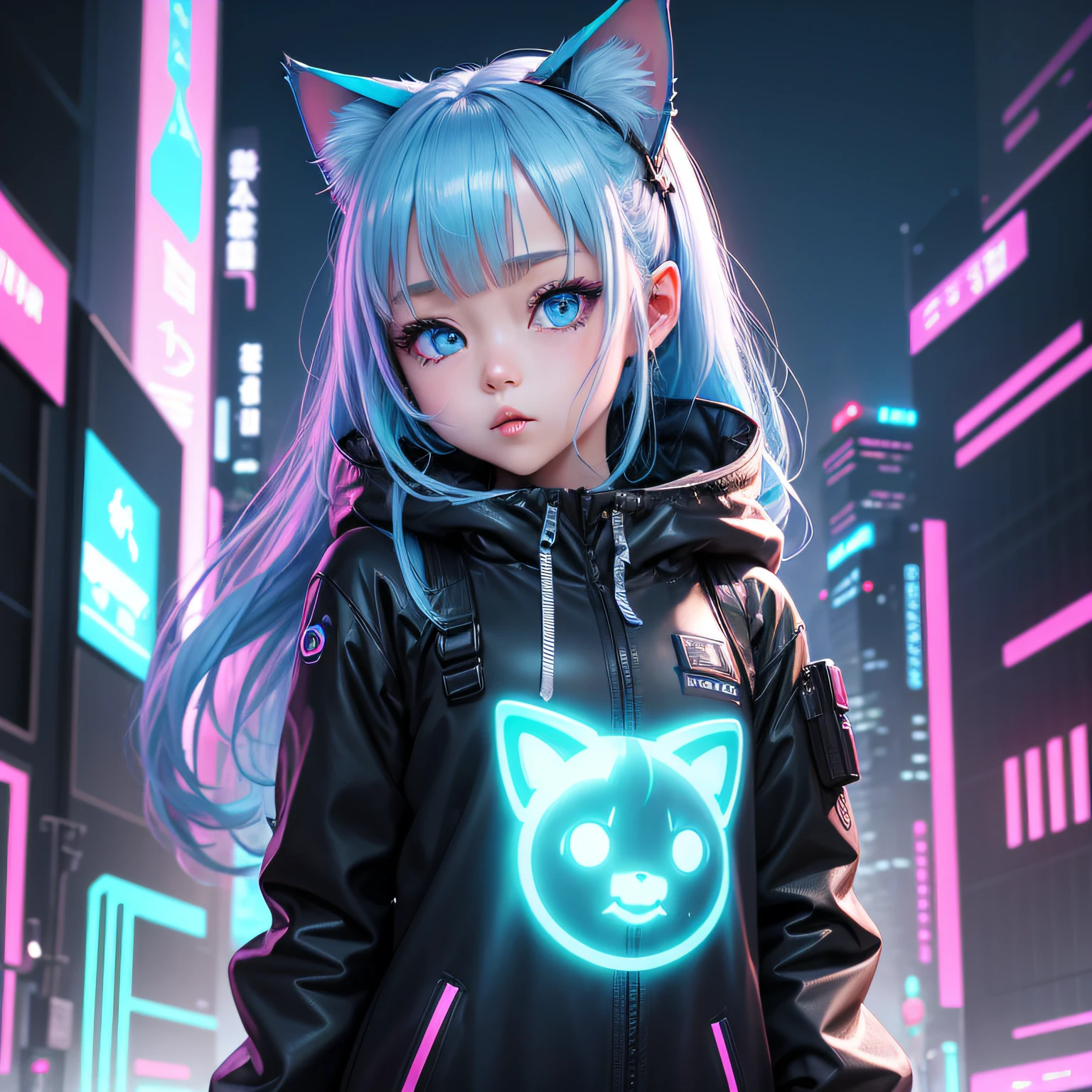Futuristic cat-eared girl character、Draw Aimira。She has neon blue eyes.、Wearing cyberpunk-inspired accessories。Clothing is made of hologram material、It is designed in the image of IT technology.。The expression is curious、Please express a cheerful and energetic appearance。The backdrop is the futuristic city of neon Tokyo、Keep futuristic buildings and digital elements visible。