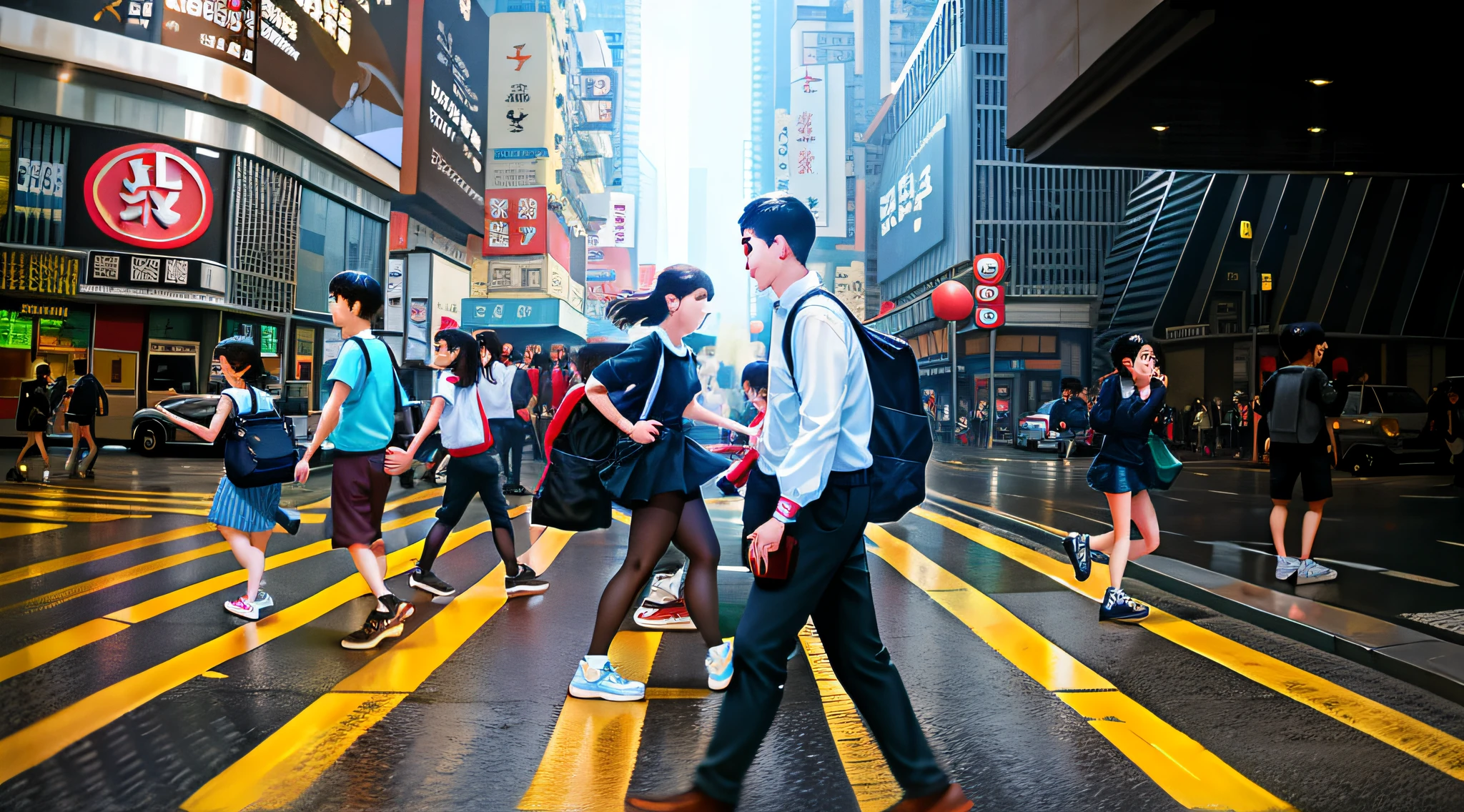 people walking across a crosswalk in a busy city street, streets of hong kong, travelers walking the streets, busy streets, people walking on street, people walking down a street, people walking in street, street of hong kong, busy streets filled with people, busy street, people walking around, crossing road, people on the streets, people walking, crowded streets