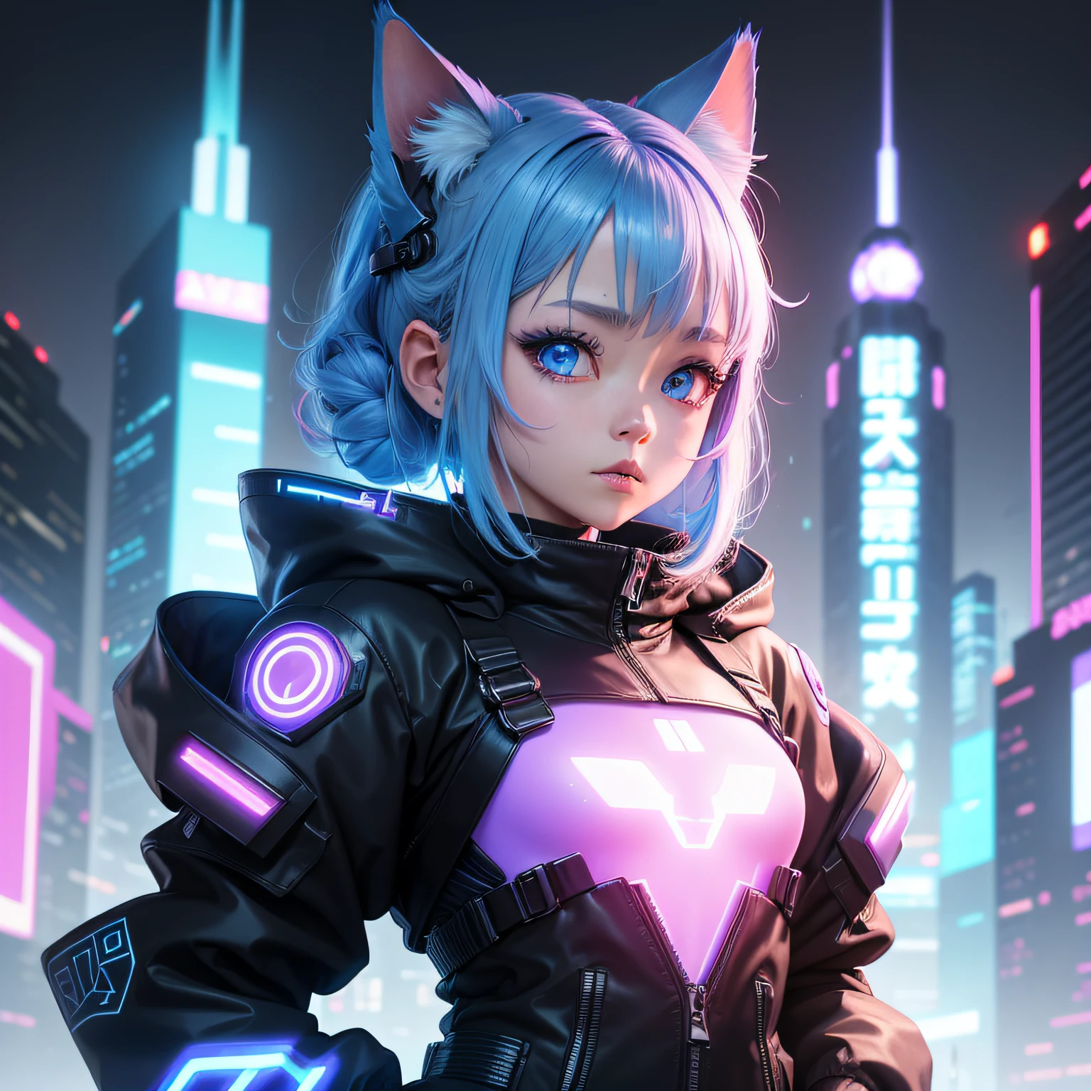 Futuristic cat-eared girl character、Draw Aimira。She has neon blue eyes.、Wearing cyberpunk-inspired accessories。Clothing is made of hologram material、It is designed in the image of IT technology.。The expression is curious、Please express a cheerful and energetic appearance。The backdrop is the futuristic city of neon Tokyo、Keep futuristic buildings and digital elements visible。