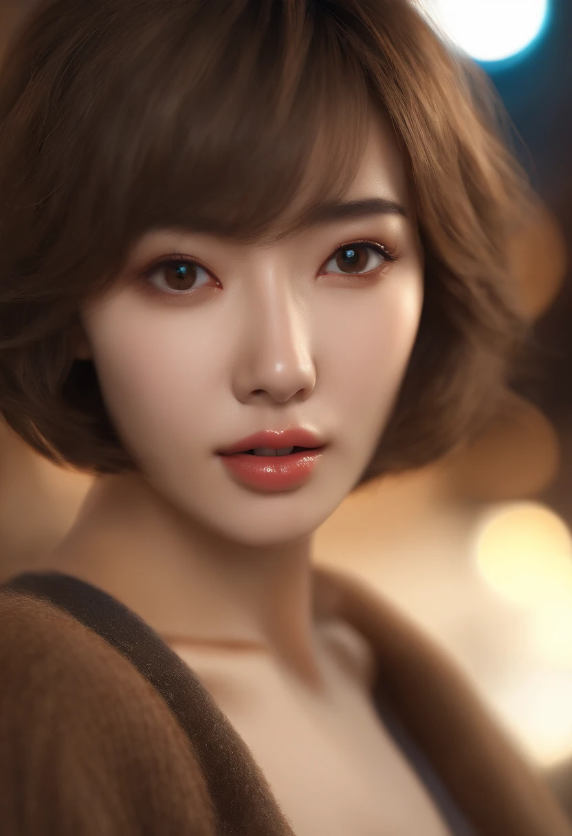 Short hair, outdoor fair skin, messy hair, open mouth, Japanese woman, Super cute, Soft and face, Brown hair, 8K resolution, Ultra photo realsisim, super definition, Soft body toned ass night, A small cup ((Highest definition, 8K, Masterpiece: 1.3)), Super Definition Face, Ultra-clear lips, Fine eyes, Double eyelids