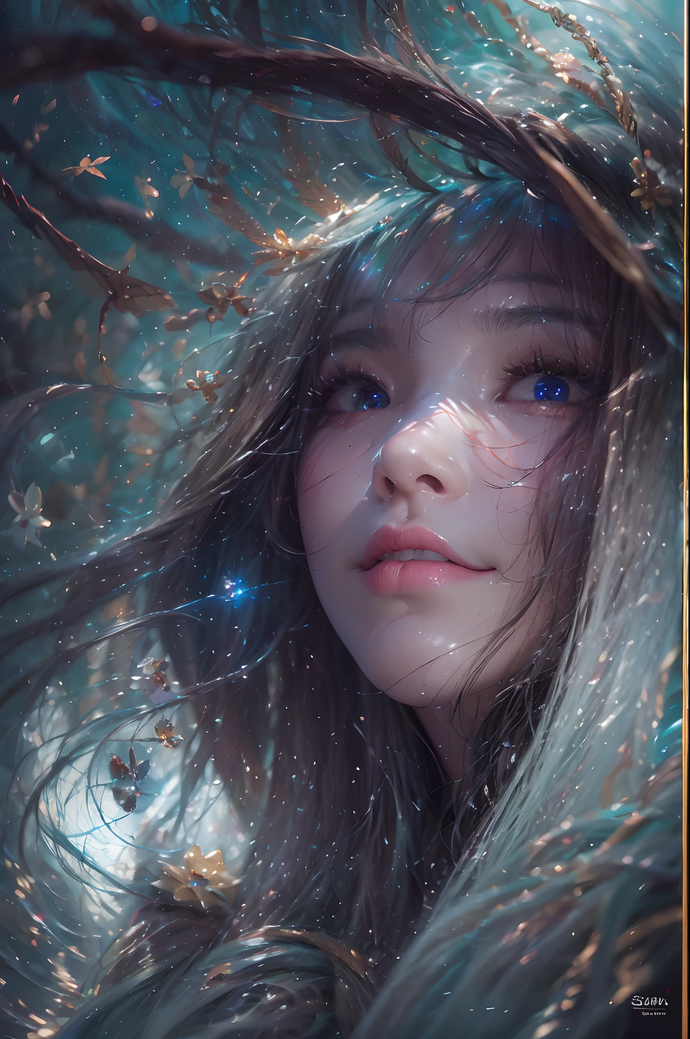 ( Absurd, High quality, Ultra-detailed, Masterpiece, concept-art, smooth, high detail artwork, Hyper-realistic painting ) , elf, Plum elf, plum , Transparent fairy wings, huge tit，low chest，fairytale-like, Romantic, Vivid, Whole body,hand behind back，Malu，largeeyes，（Eye focus），Cosmic eyes，Space eyes，ssmile，In nature with waterfalls，PureErosFace_V1，Urzang-6500-V1 version.1，