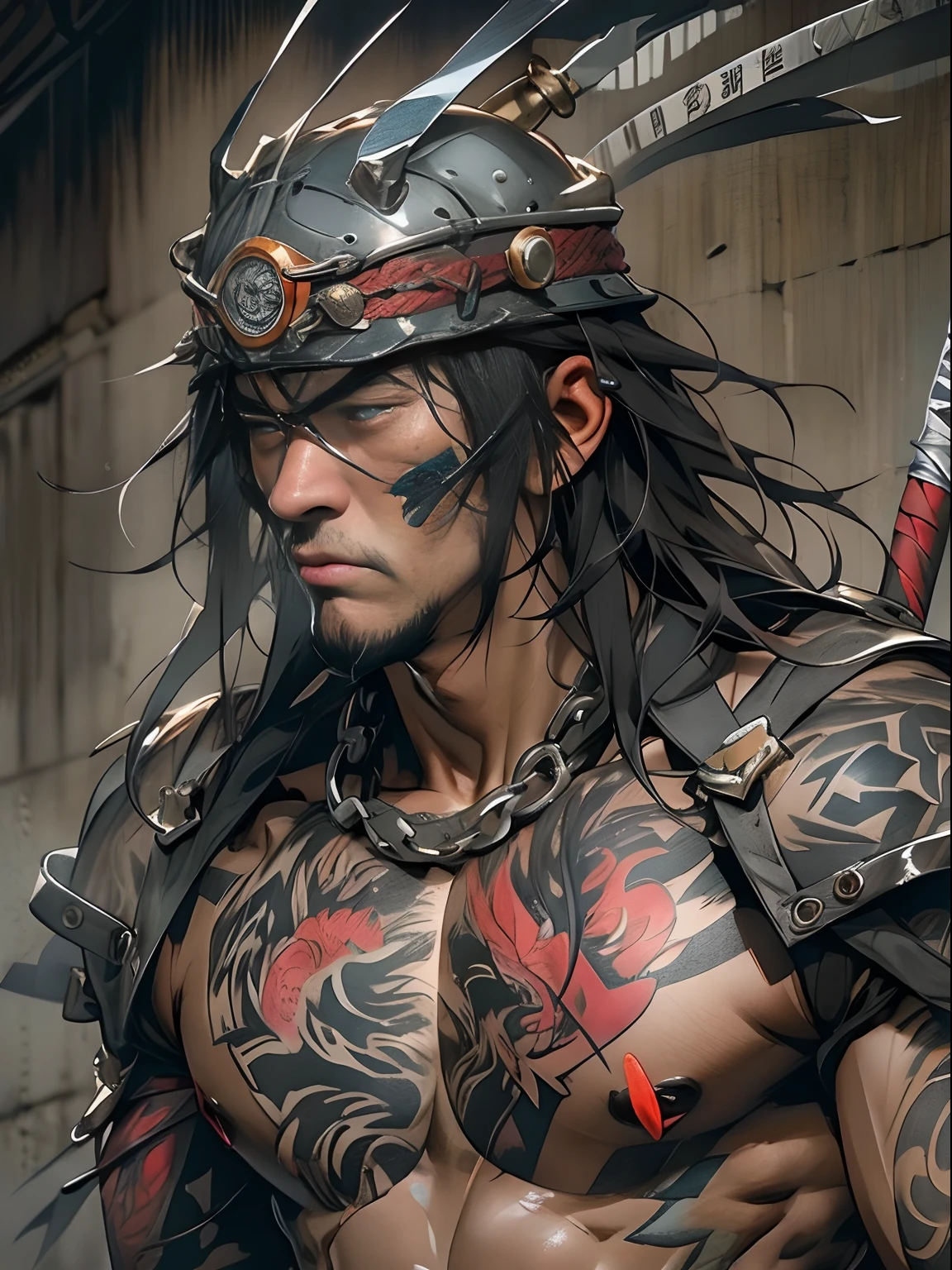 (((mtu))), (((best qualityer))), (((tmasterpiece))), (((AS-Adult))), ((( Japanese ))), Look up from your knees, Handsome Asian samurai,perfect body figure, Modern samurai, ((( Asian))), Wear gloves on your hands,The left arm is made of steel and metal tips,Made of protective devices, The eyes are pulled, (( Appears below the chest )), (( Small dental floss )), Simon Bisley, Almost naked(Simon Bisley)Castle City Wilderness,For high-resolution posters, hair straight, Minimum clothing, armure (Crazy clothes ), Full of tips and rivets, tribal tattoos, (((full bodyesbian))), Straight brunette hair,Colored hair ends