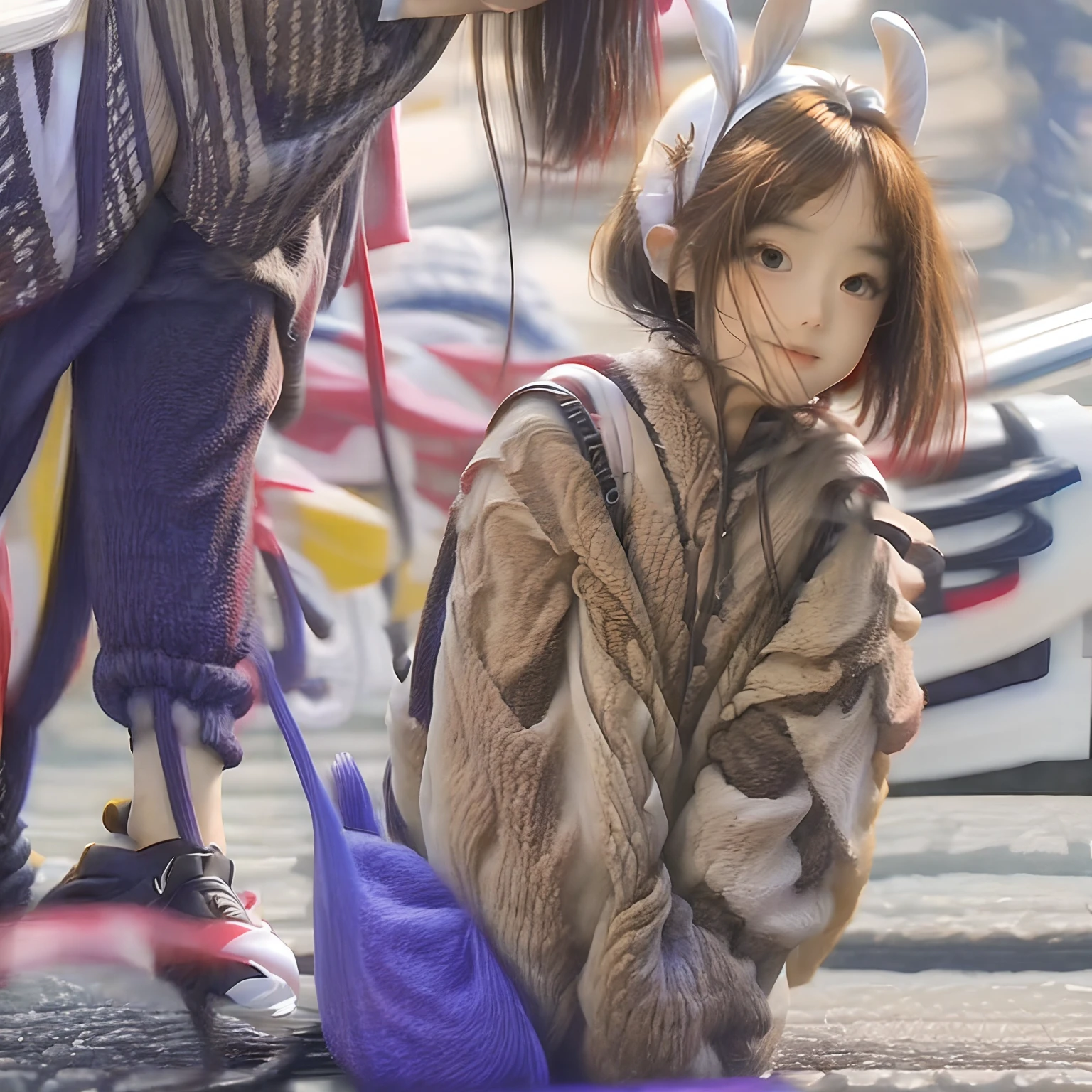 White gradient background，（in a panoramic view：1.2，full bodyesbian：1.2），1个Giant Breast Girl，anatomy correct，Rabbit-shaped headdress，short detailed hair，ssmile，Rabbit pattern clothes，White shoes，perfectly proportions，extremelydetailedface，（Best quality at best，high detal，tmasterpiece，offcial art，movie light effect，4K）