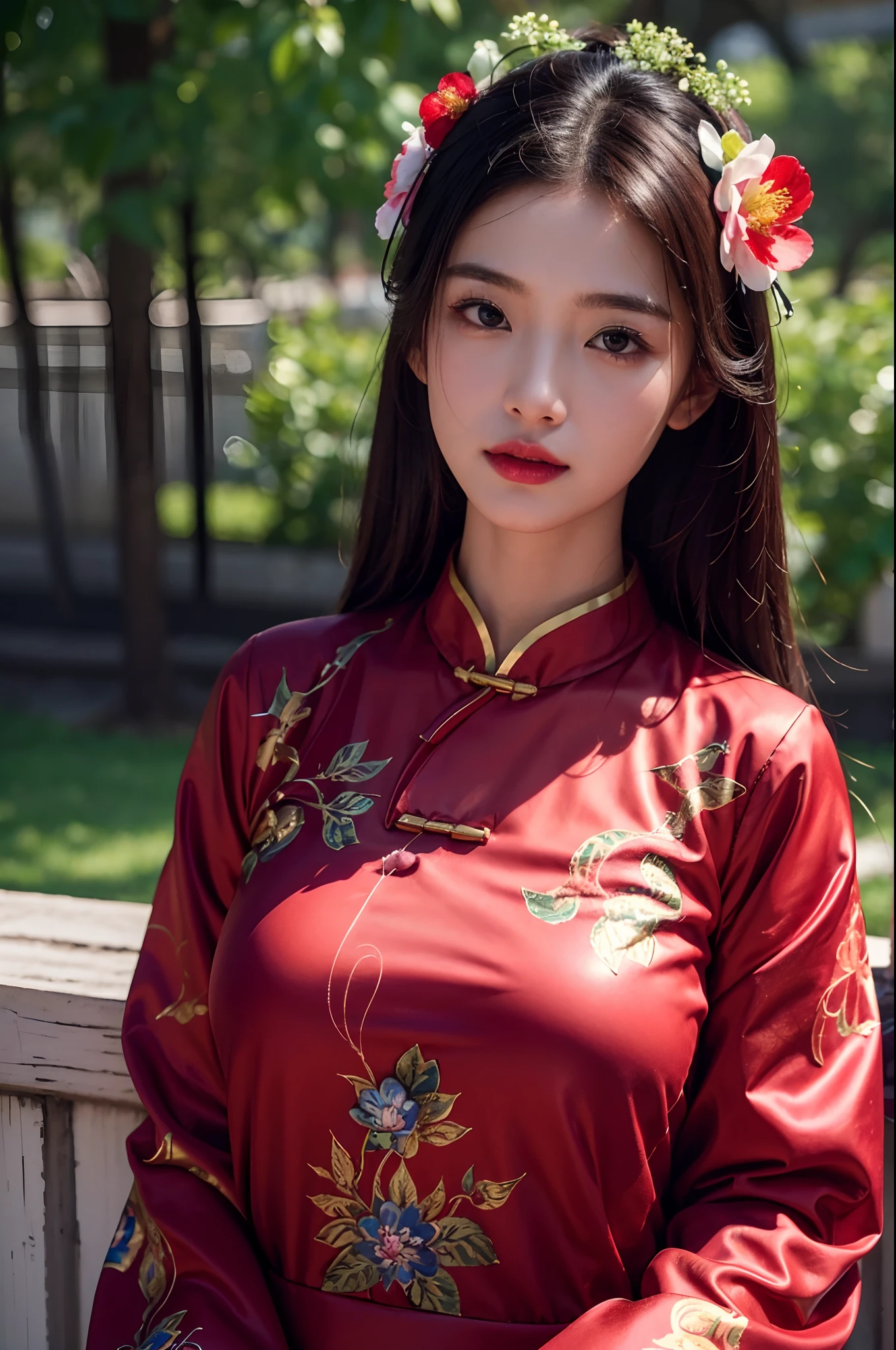 (bestquality, 8k, highres),1girls,shrubs,Girl-Girl,china dress,chinese clothes,hair flower,(masterpiece:1.4),(bestquality:1.4),(oily shiny skin),Red lips,looking at the audience,Big breasts,cleft lip, upper body,