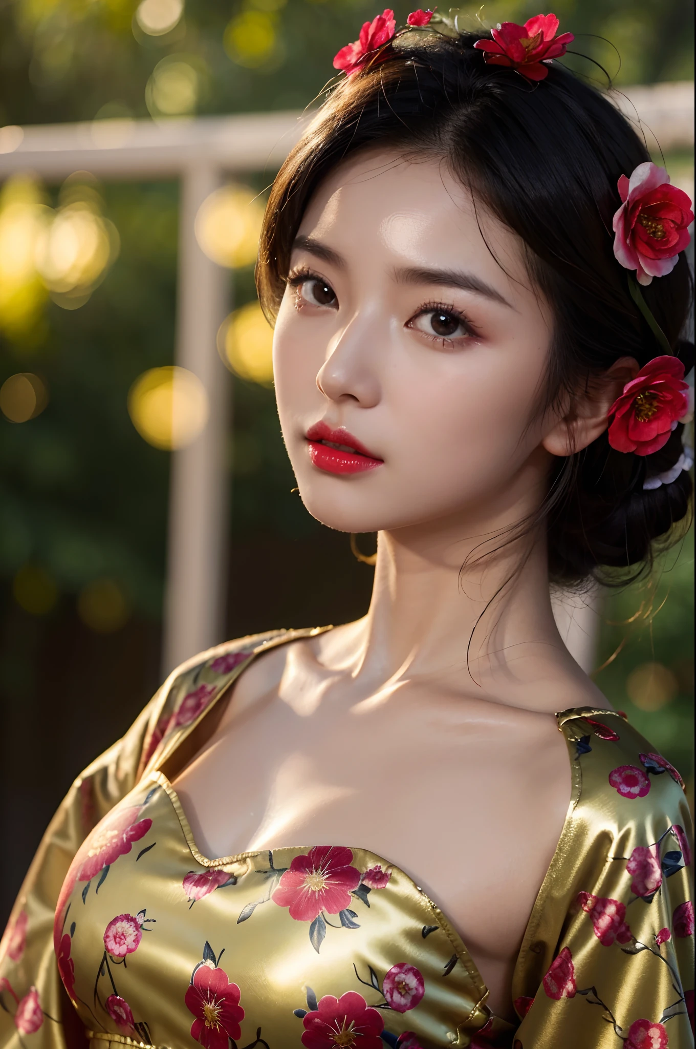 (bestquality, 8k, highres),1girls,shrubs,Girl-Girl,china dress,chinese clothes,hair flower,(masterpiece:1.4),(bestquality:1.4),(oily shiny skin),Red lips,looking at the audience,Big breasts,cleft lip, upper body,